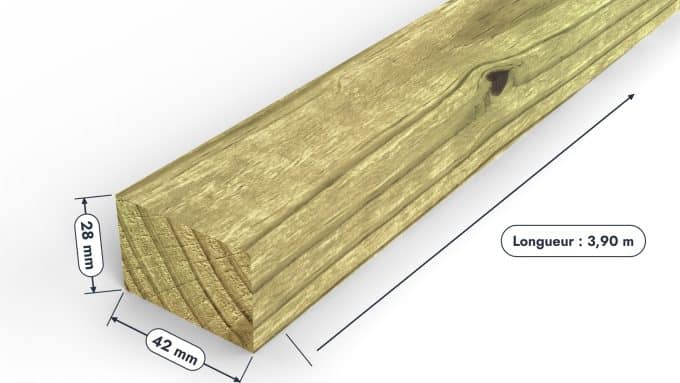Liteau en pin sylvestre traité autoclave vert classe 4 – Section 28x42 mm, pièce cotée, Studio Français