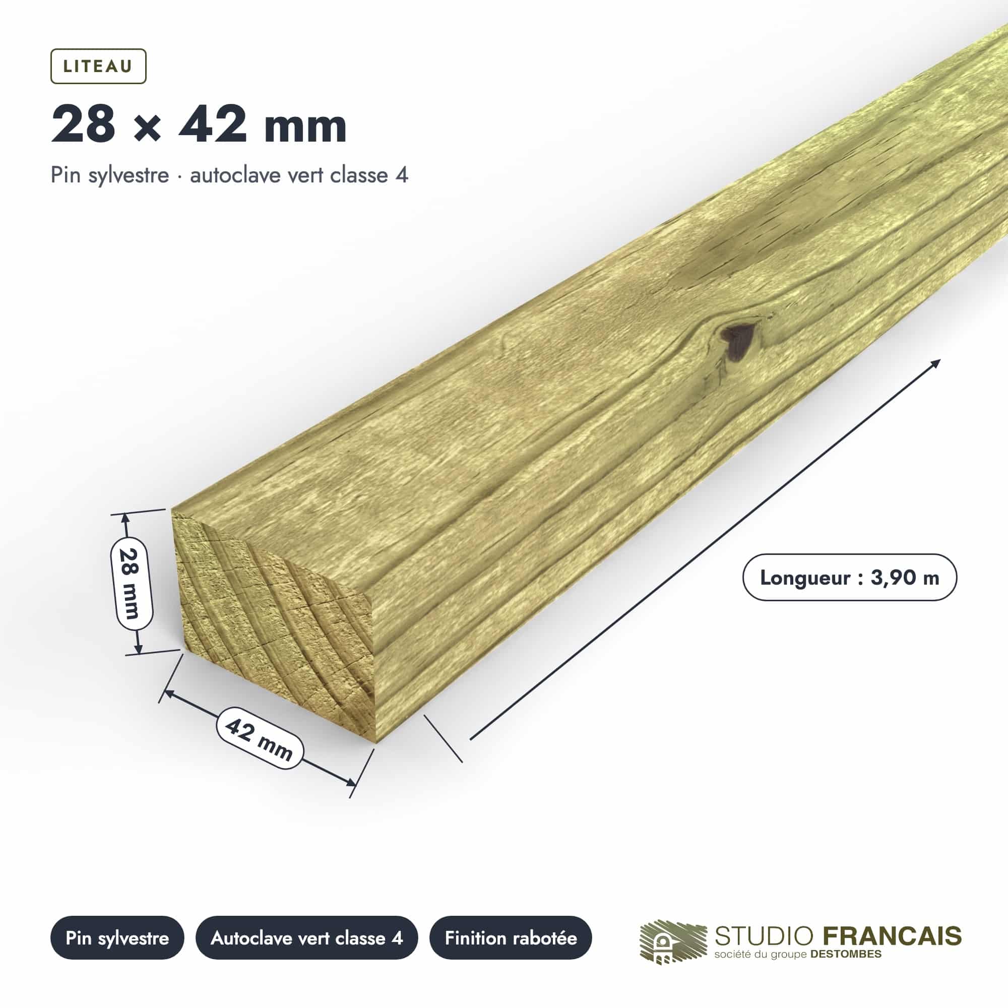 Liteau en pin sylvestre traité autoclave vert classe 4 – Section 28x42 mm, pièce cotée, Studio Français