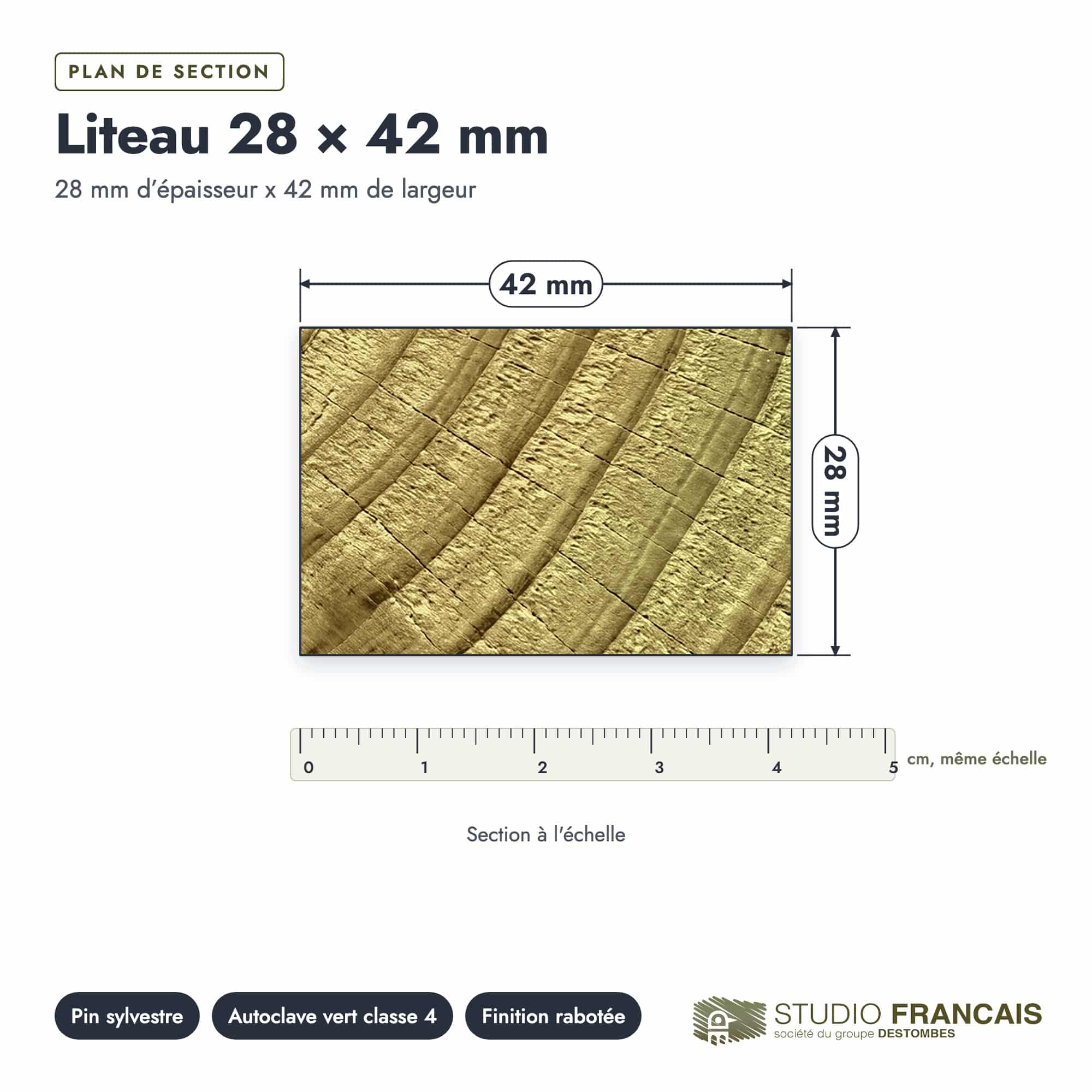 Liteau en pin sylvestre traité autoclave vert classe 4 – Section 28x42 mm, plan de section, Studio Français