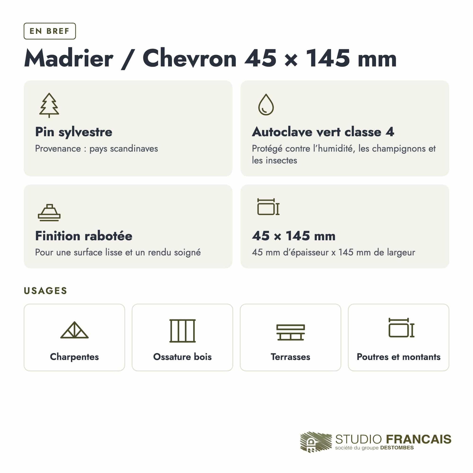 Madrier / Chevron en pin sylvestre traité autoclave vert classe 4 – Section 45x145 mm, en bref, Studio Français