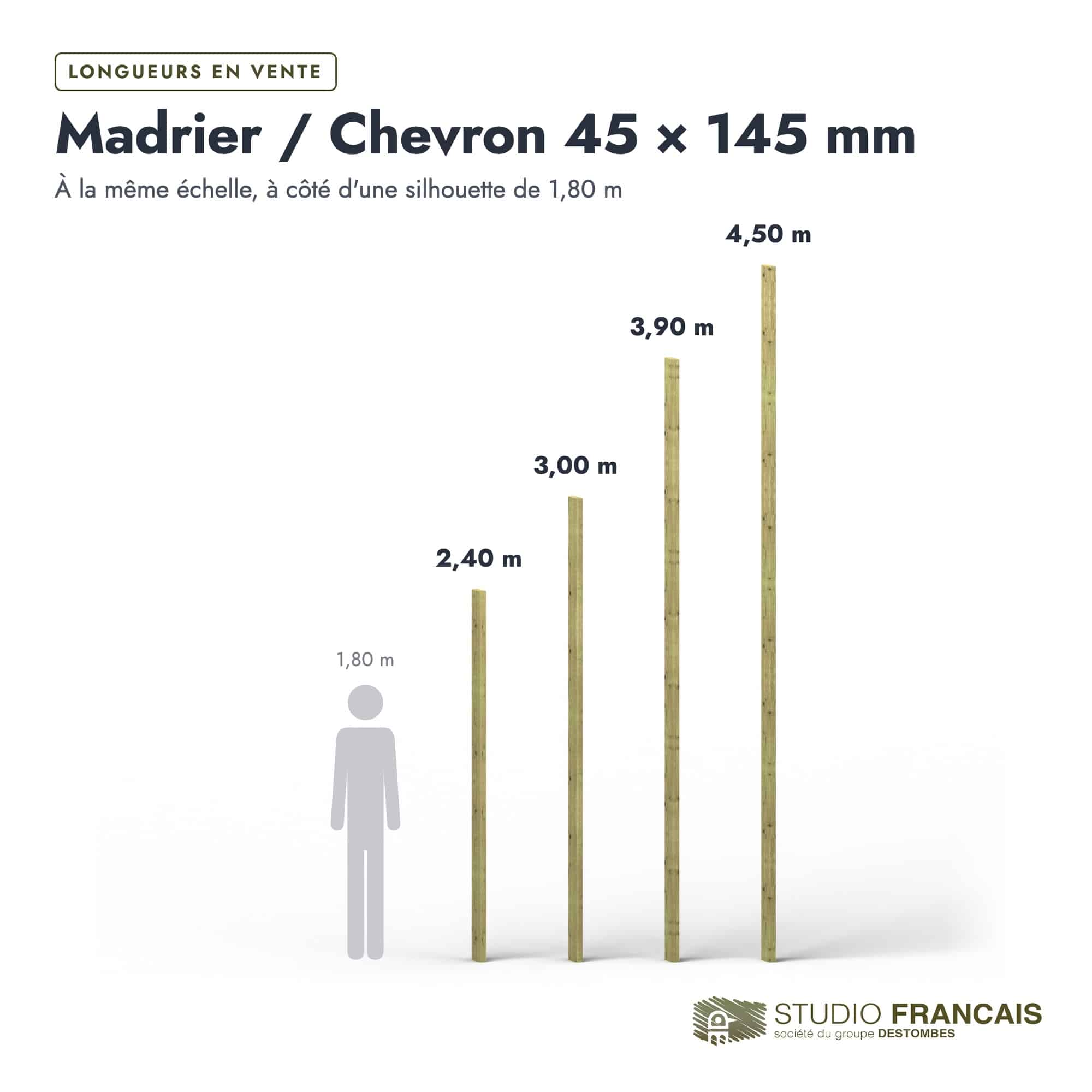 Madrier / Chevron en pin sylvestre traité autoclave vert classe 4 – Section 45x145 mm, longueurs, Studio Français