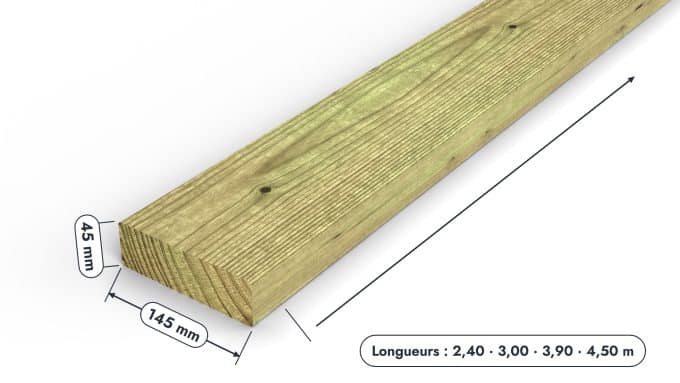 Madrier / Chevron en pin sylvestre traité autoclave vert classe 4 – Section 45x145 mm, pièce cotée, Studio Français