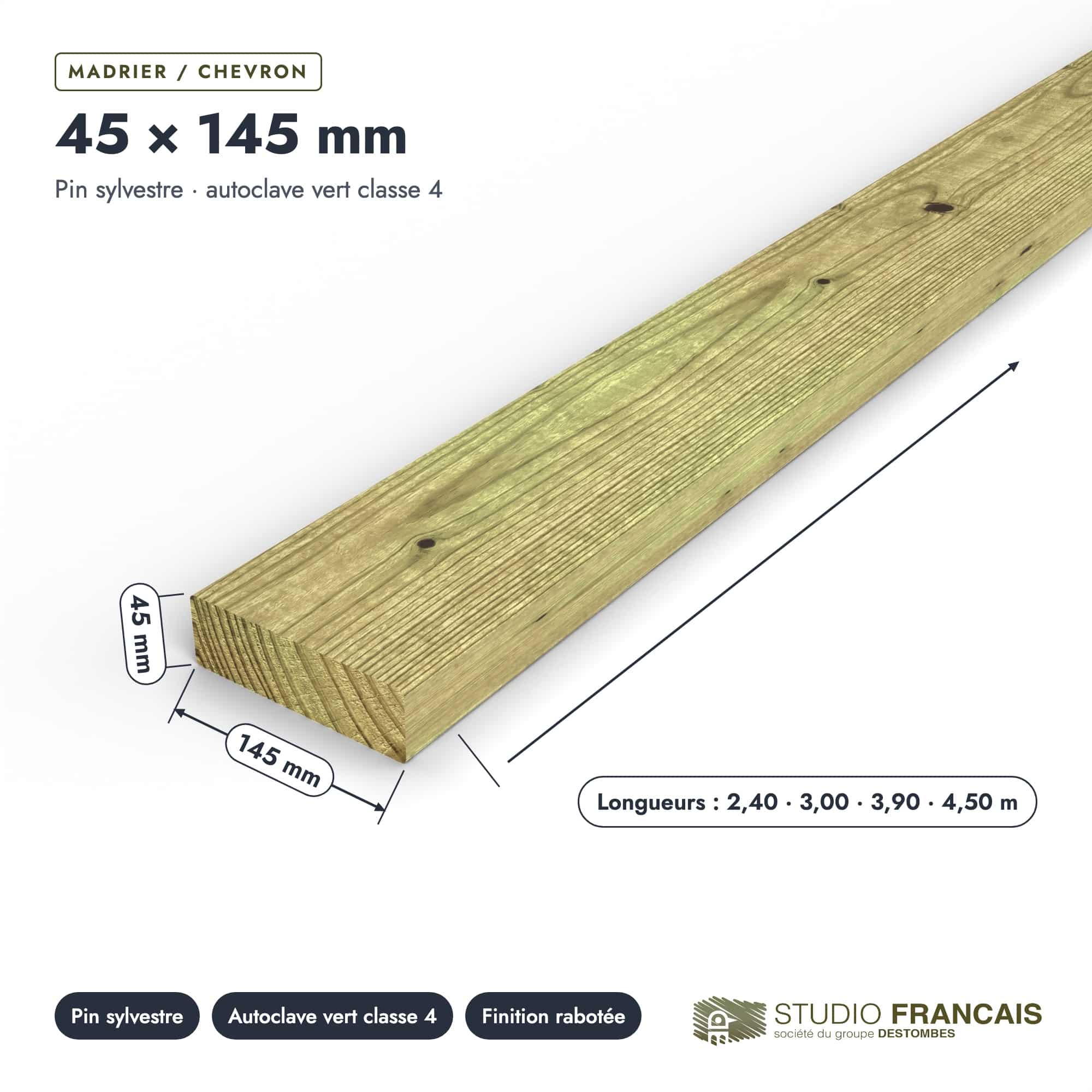 Madrier / Chevron en pin sylvestre traité autoclave vert classe 4 – Section 45x145 mm, pièce cotée, Studio Français