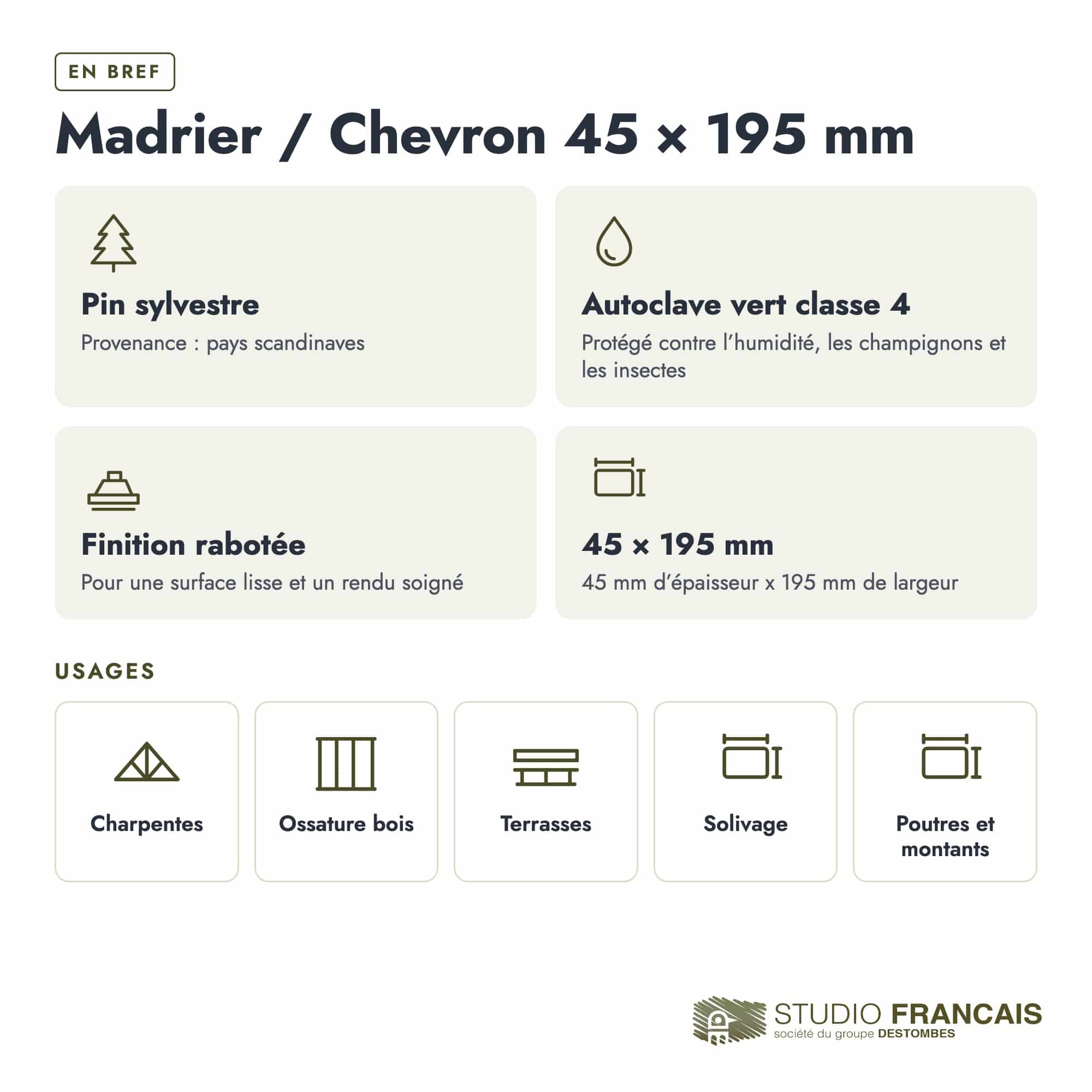 Madrier / Chevron en pin sylvestre traité autoclave vert classe 4 – Section 45x195 mm, en bref, Studio Français