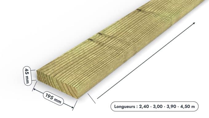 Madrier / Chevron en pin sylvestre traité autoclave vert classe 4 – Section 45x195 mm, pièce cotée, Studio Français