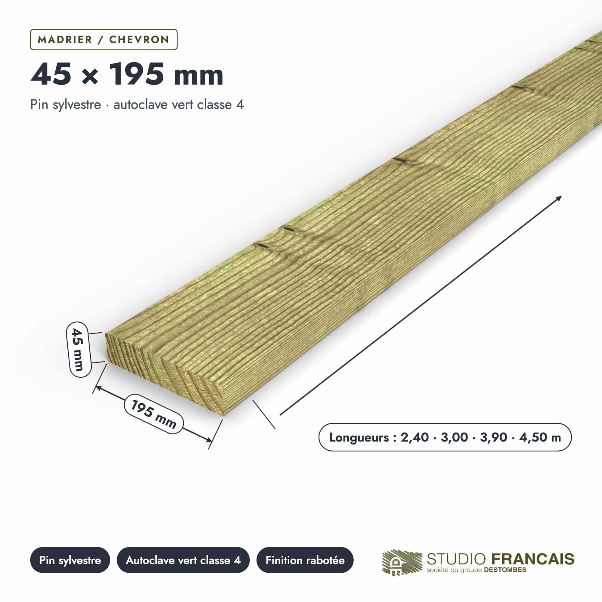 Madrier / Chevron en pin sylvestre traité autoclave vert classe 4 – Section 45x195 mm, pièce cotée, Studio Français