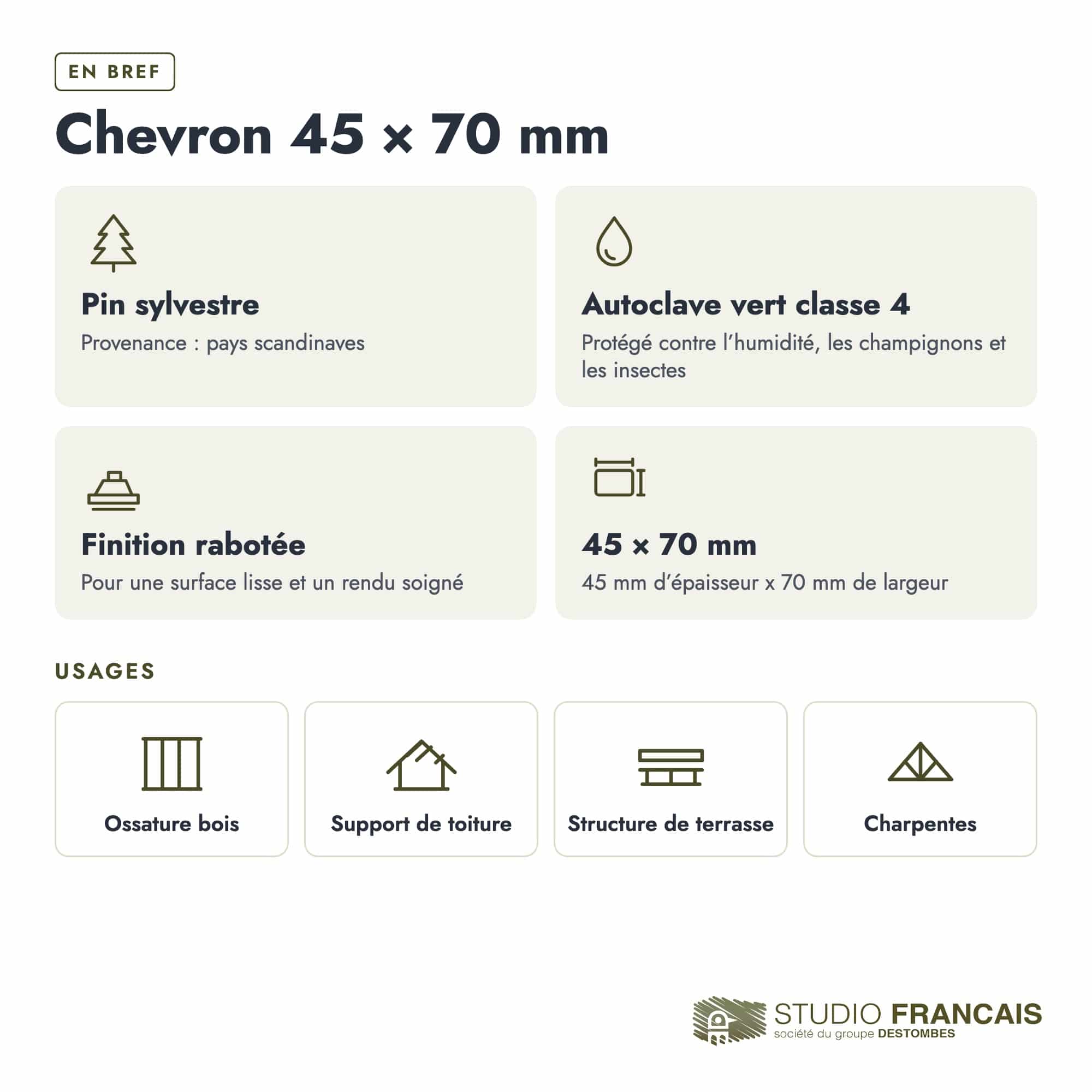 Chevron en pin sylvestre traité autoclave vert classe 4 – Section 45x70 mm, en bref, Studio Français