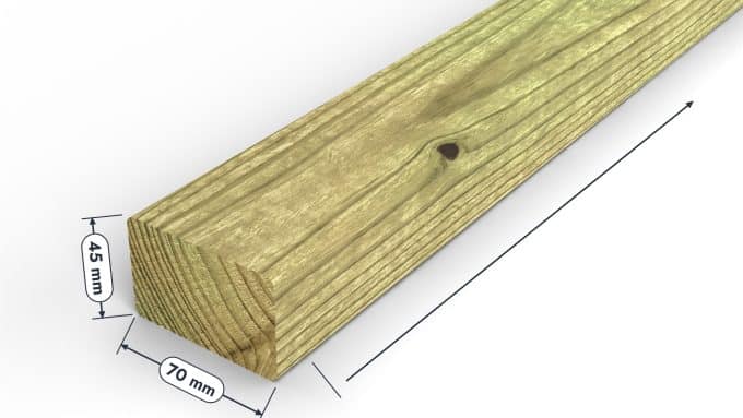 Chevron en pin sylvestre traité autoclave vert classe 4 – Section 45x70 mm, pièce cotée, Studio Français
