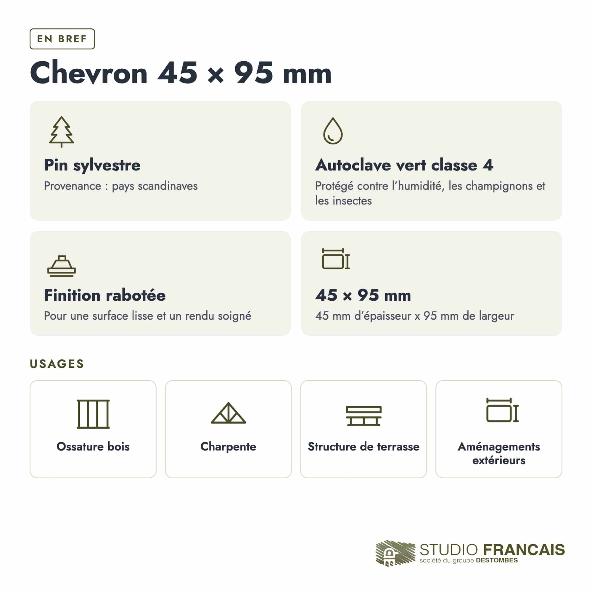 Chevron en pin sylvestre traité autoclave vert classe 4 – Section 45x95 mm, en bref, Studio Français