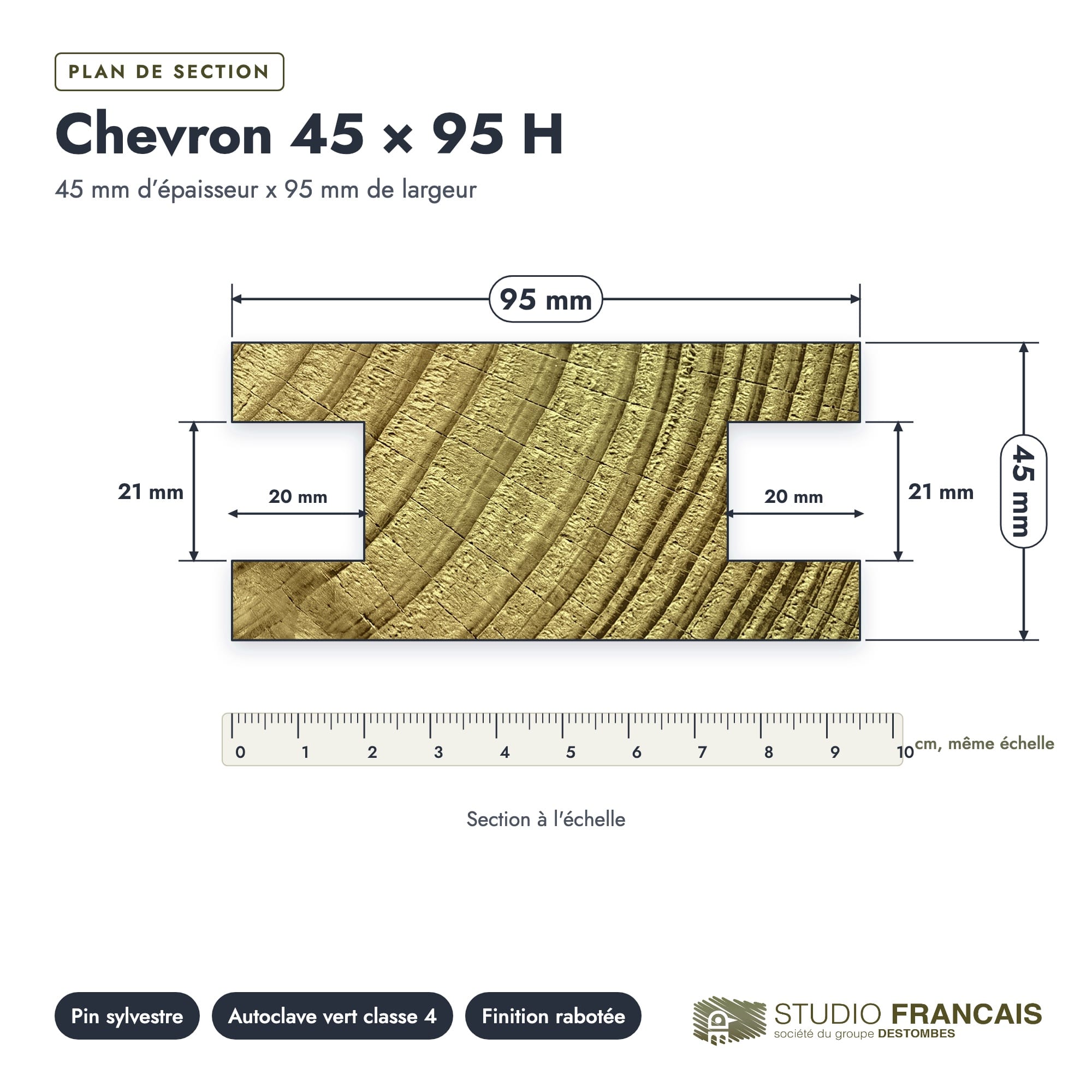 Chevron en pin sylvestre profil H traité autoclave vert classe 4 – Section 45x95 mm H, plan de section, Studio Français