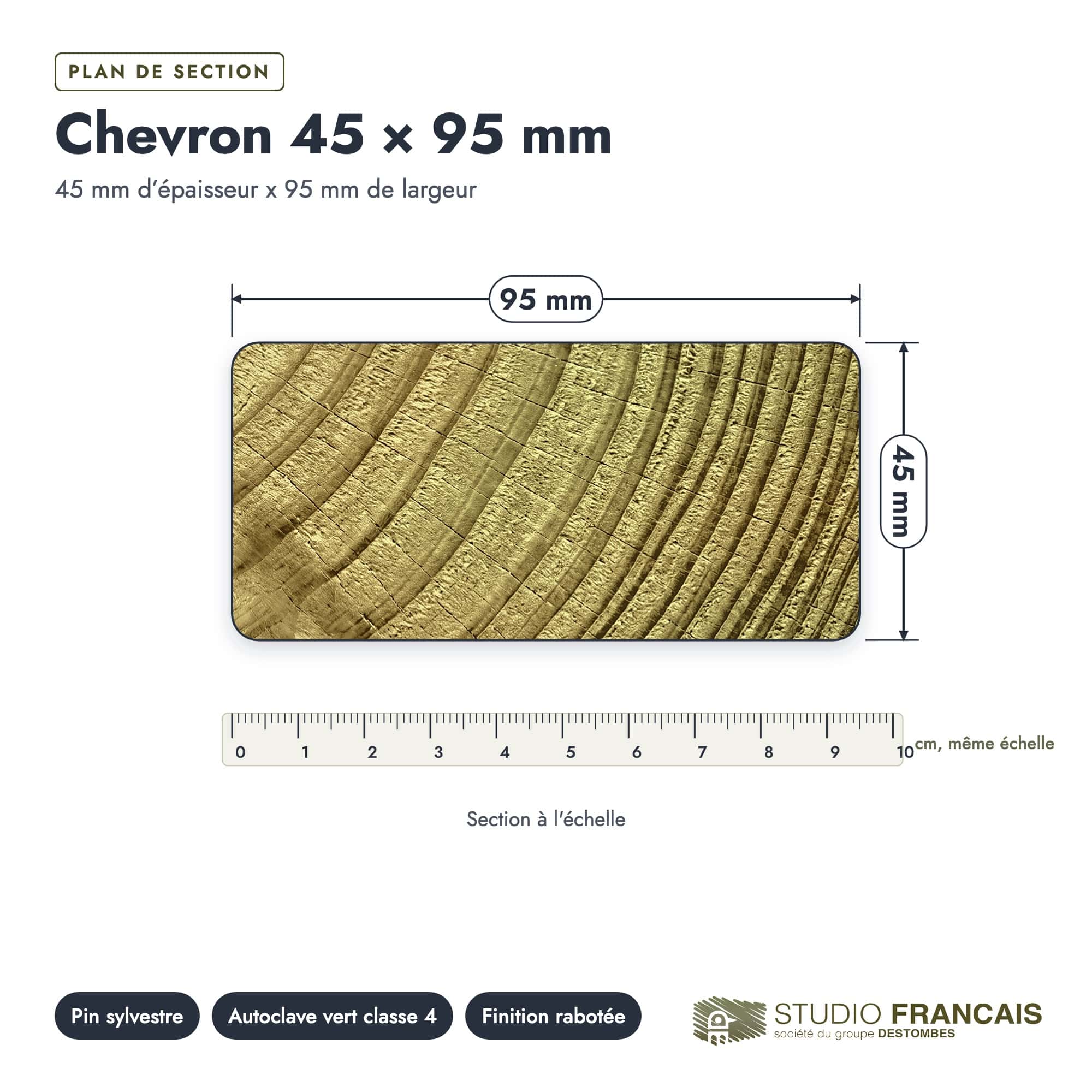 Chevron en pin sylvestre traité autoclave vert classe 4 – Section 45x95 mm, plan de section, Studio Français