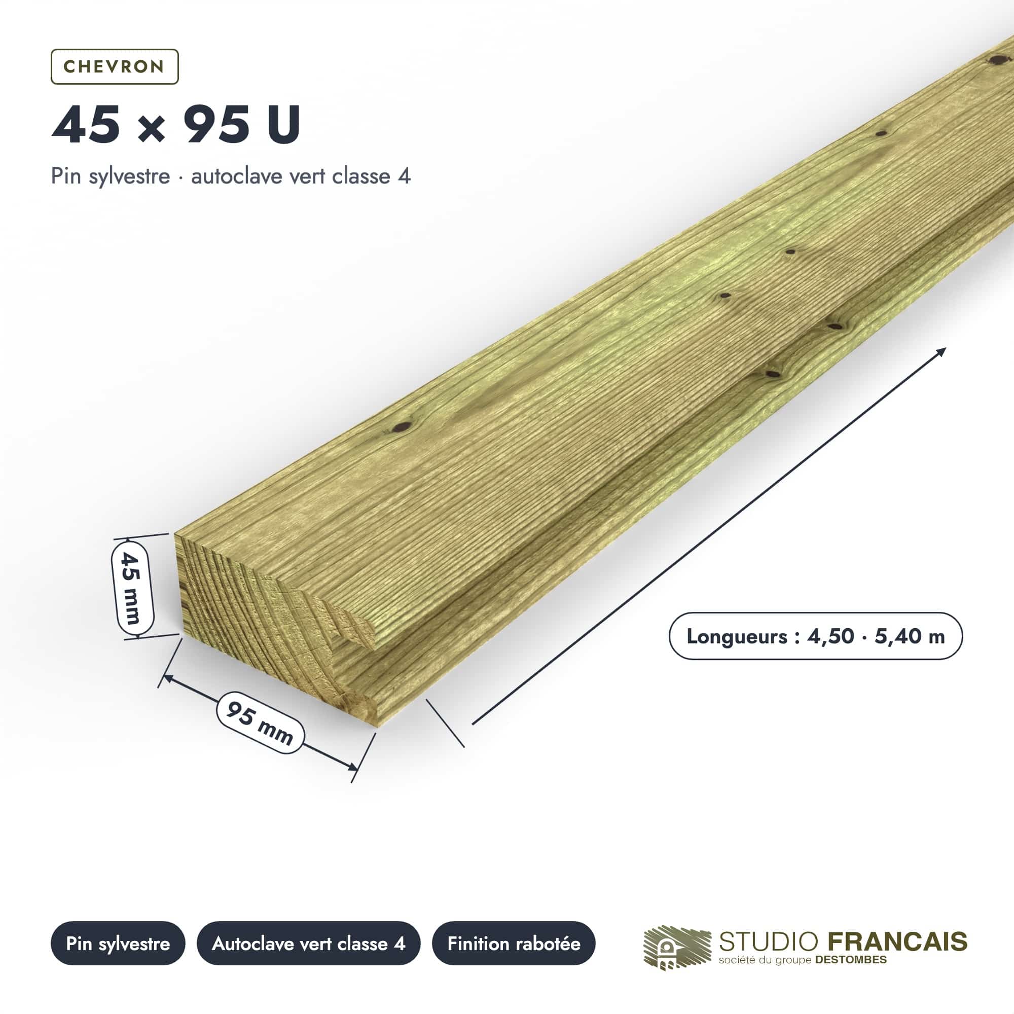 Profilé bois en U 45x95, pin autoclave rainuré sur un seul chant, pièce cotée, Studio Français