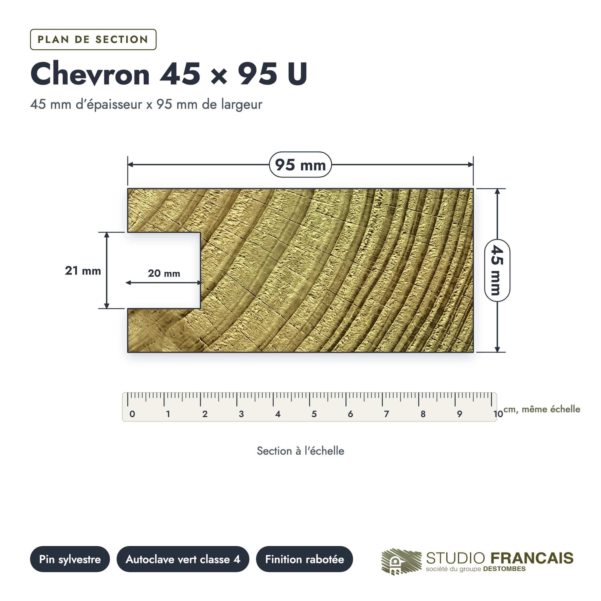 Profilé bois en U 45x95, pin autoclave rainuré sur un seul chant, plan de section, Studio Français