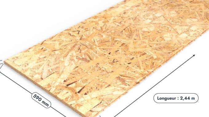 Panneau OSB 3 rainuré-languette – Dimensions 590x2440 mm – Épaisseur 18 mm, pièce cotée, Studio Français