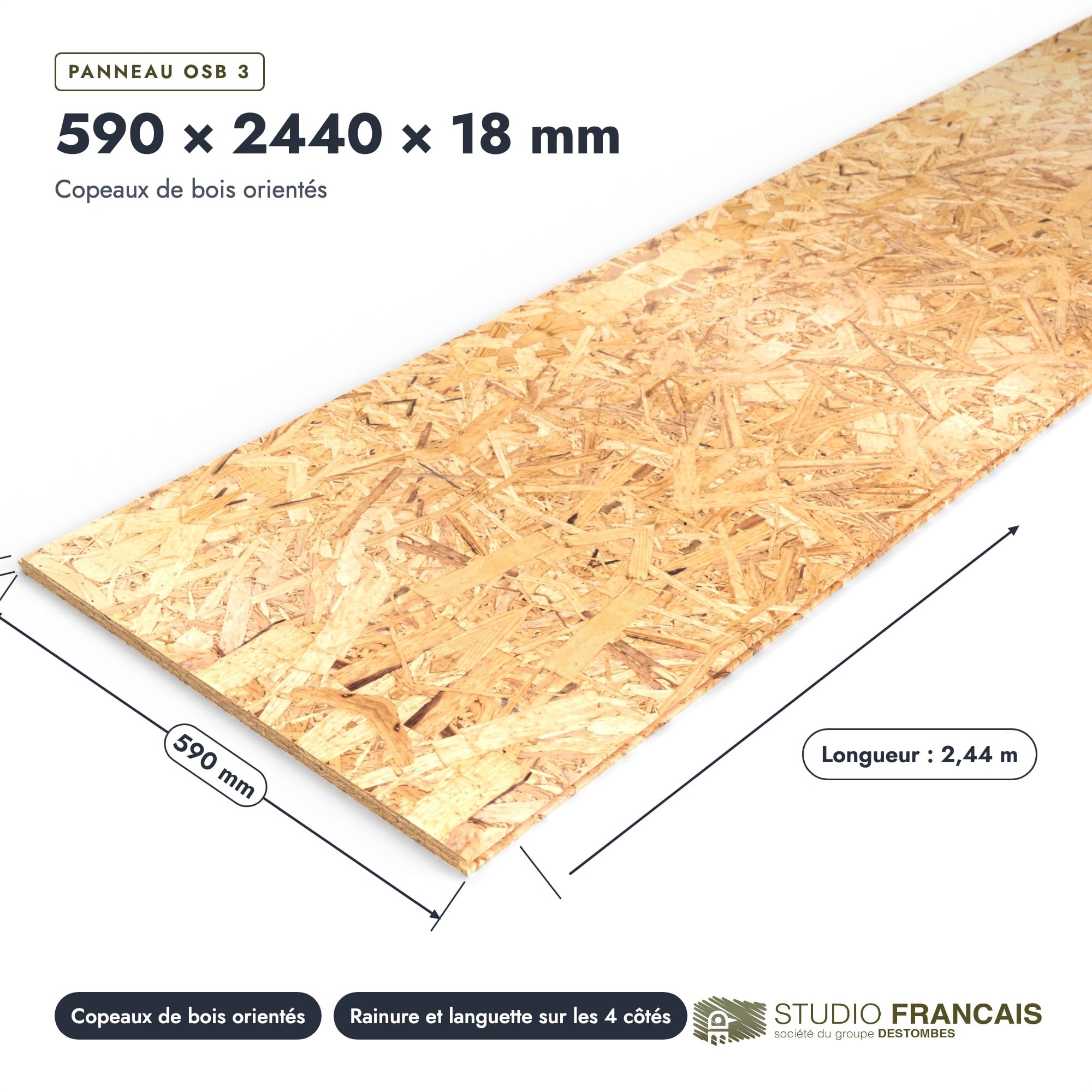 Panneau OSB 3 rainuré-languette – Dimensions 590x2440 mm – Épaisseur 18 mm, pièce cotée, Studio Français