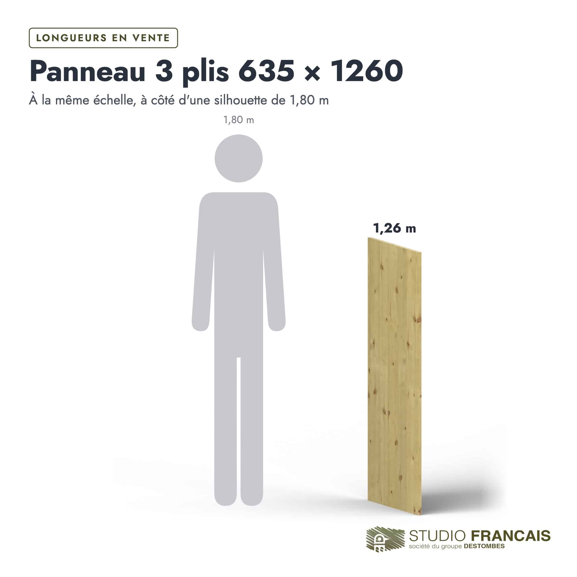 Panneau 3 plis en épicéa traité autoclave – Dimensions 635x1260 mm – Épaisseur 19 mm, longueurs, Studio Français