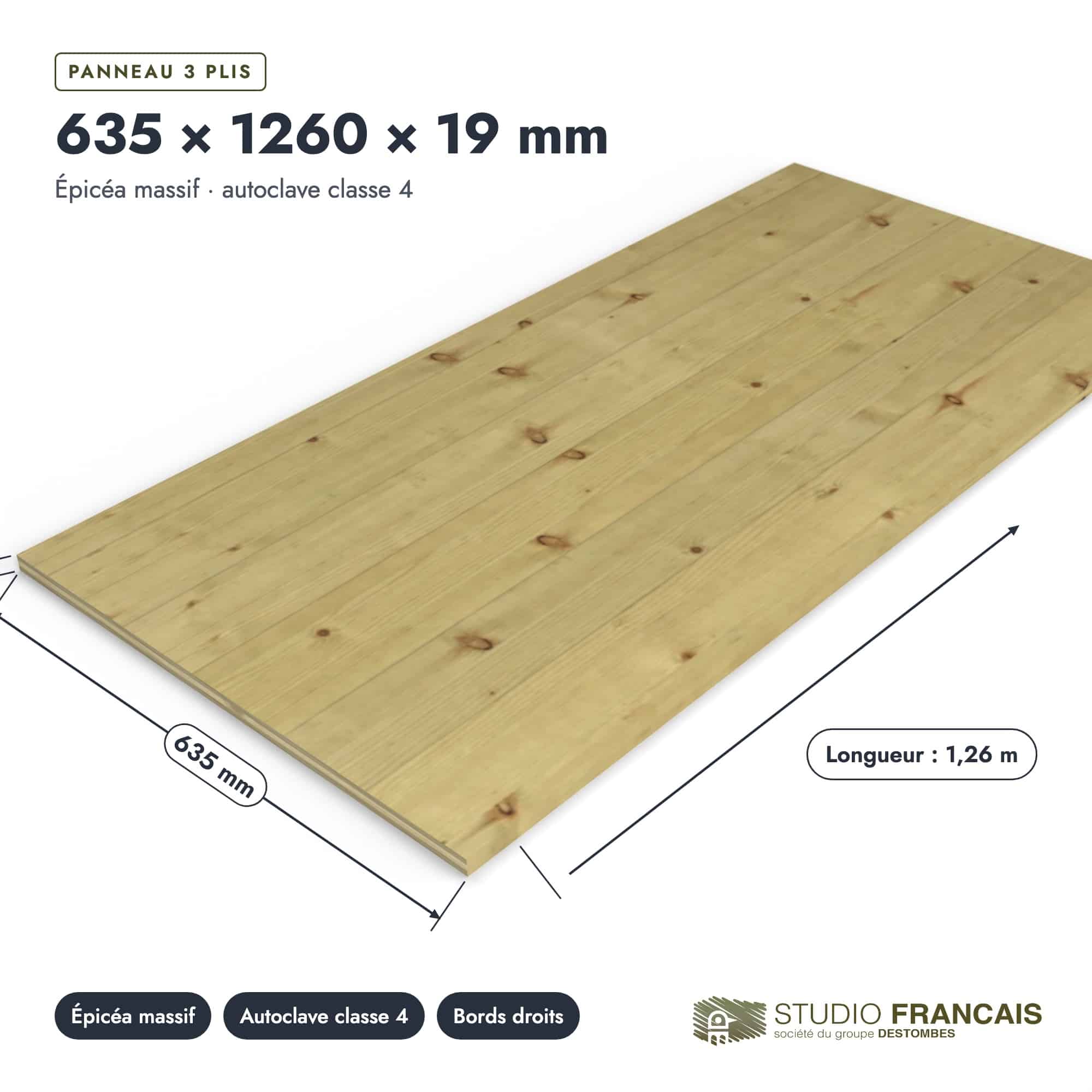 Panneau 3 plis en épicéa traité autoclave – Dimensions 635x1260 mm – Épaisseur 19 mm, pièce cotée, Studio Français