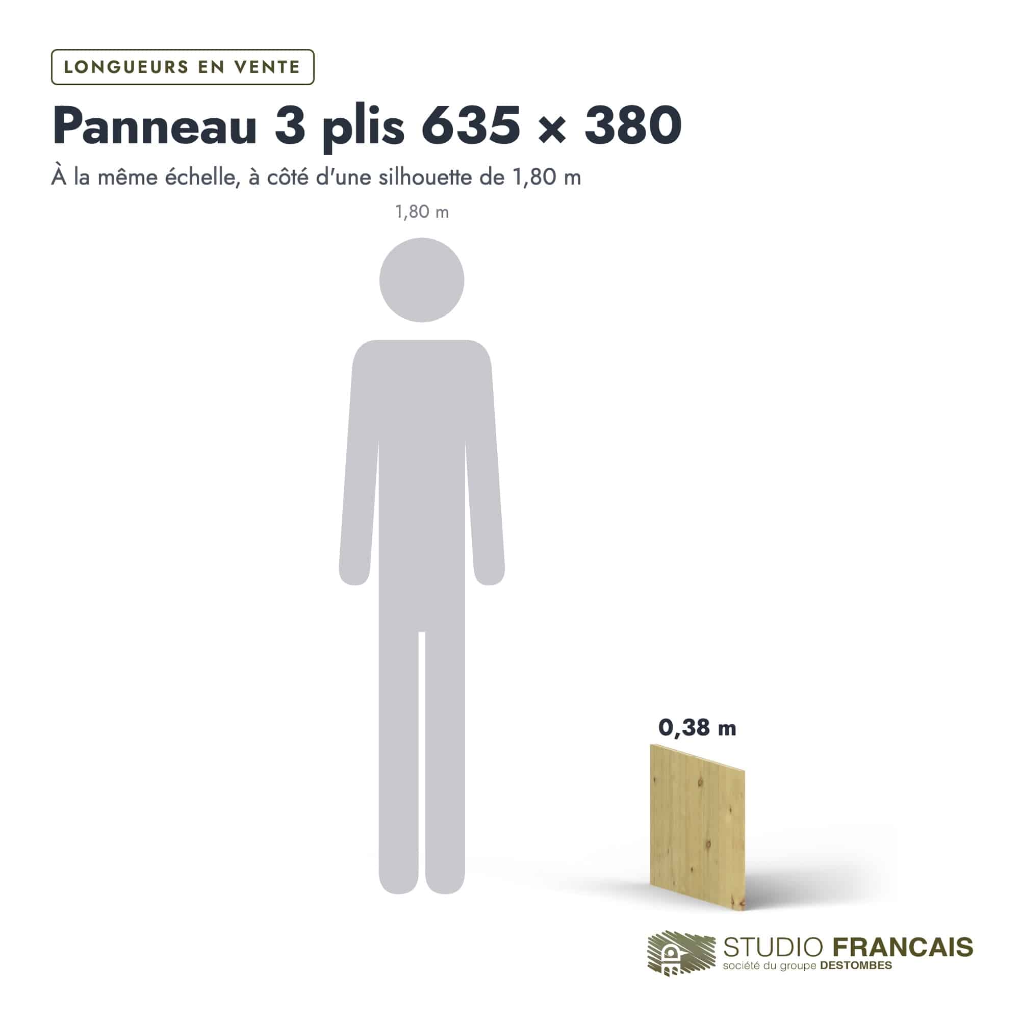 Panneau 3 plis en épicéa traité autoclave – Dimensions 635x380 mm – Épaisseur 19 mm, longueurs, Studio Français