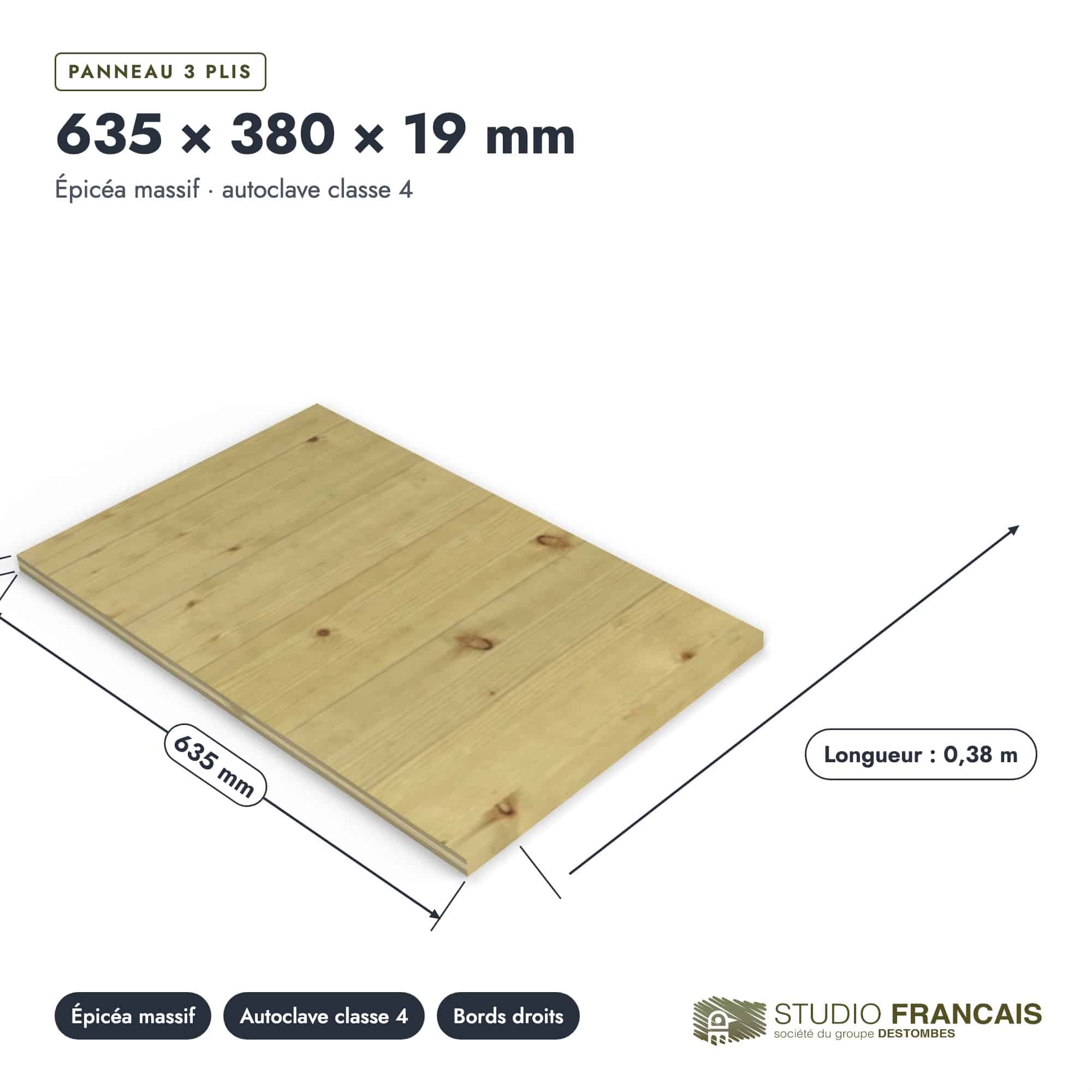 Panneau 3 plis en épicéa traité autoclave – Dimensions 635x380 mm – Épaisseur 19 mm, pièce cotée, Studio Français