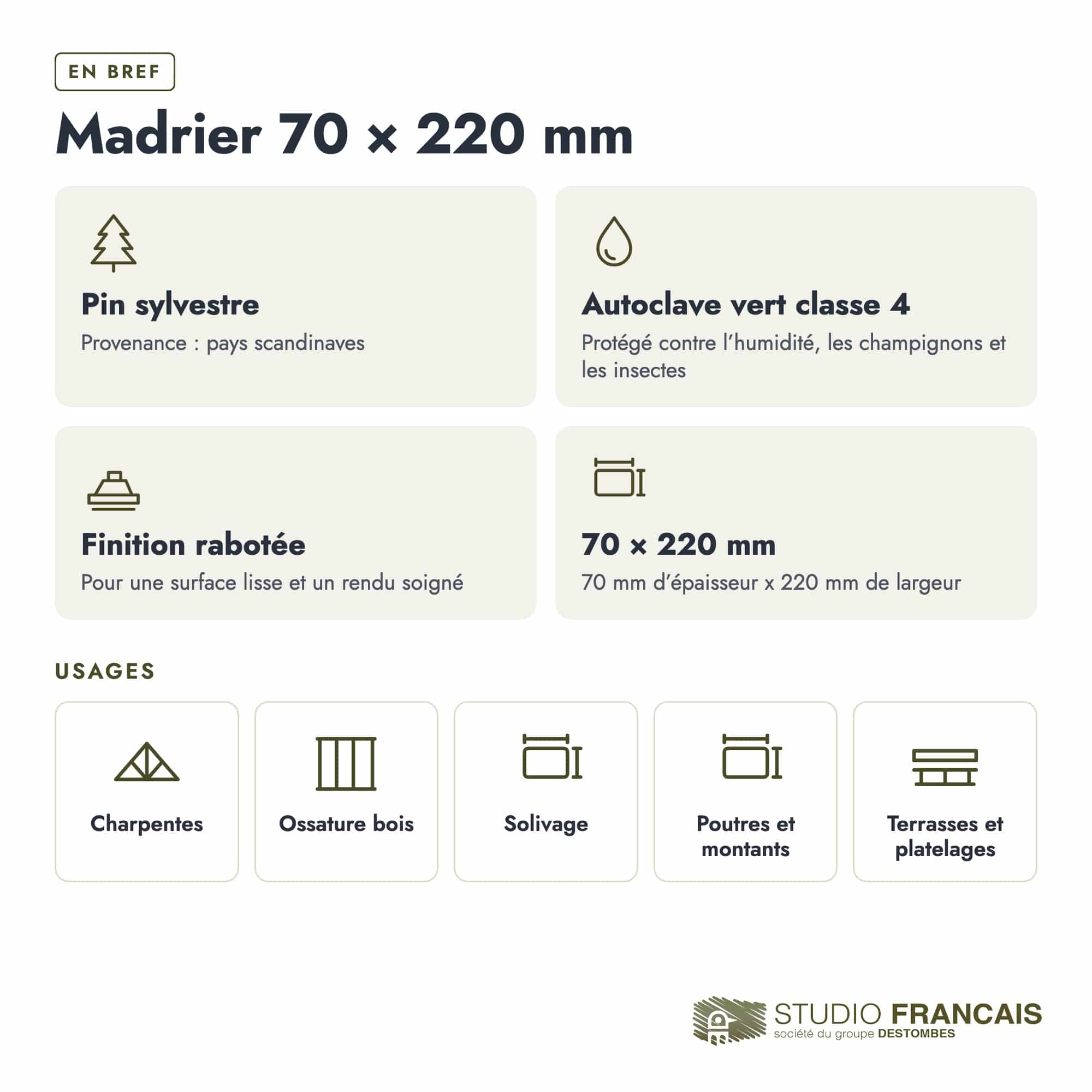 Madrier en pin sylvestre traité autoclave vert classe 4 – Section 70x220 mm, en bref, Studio Français