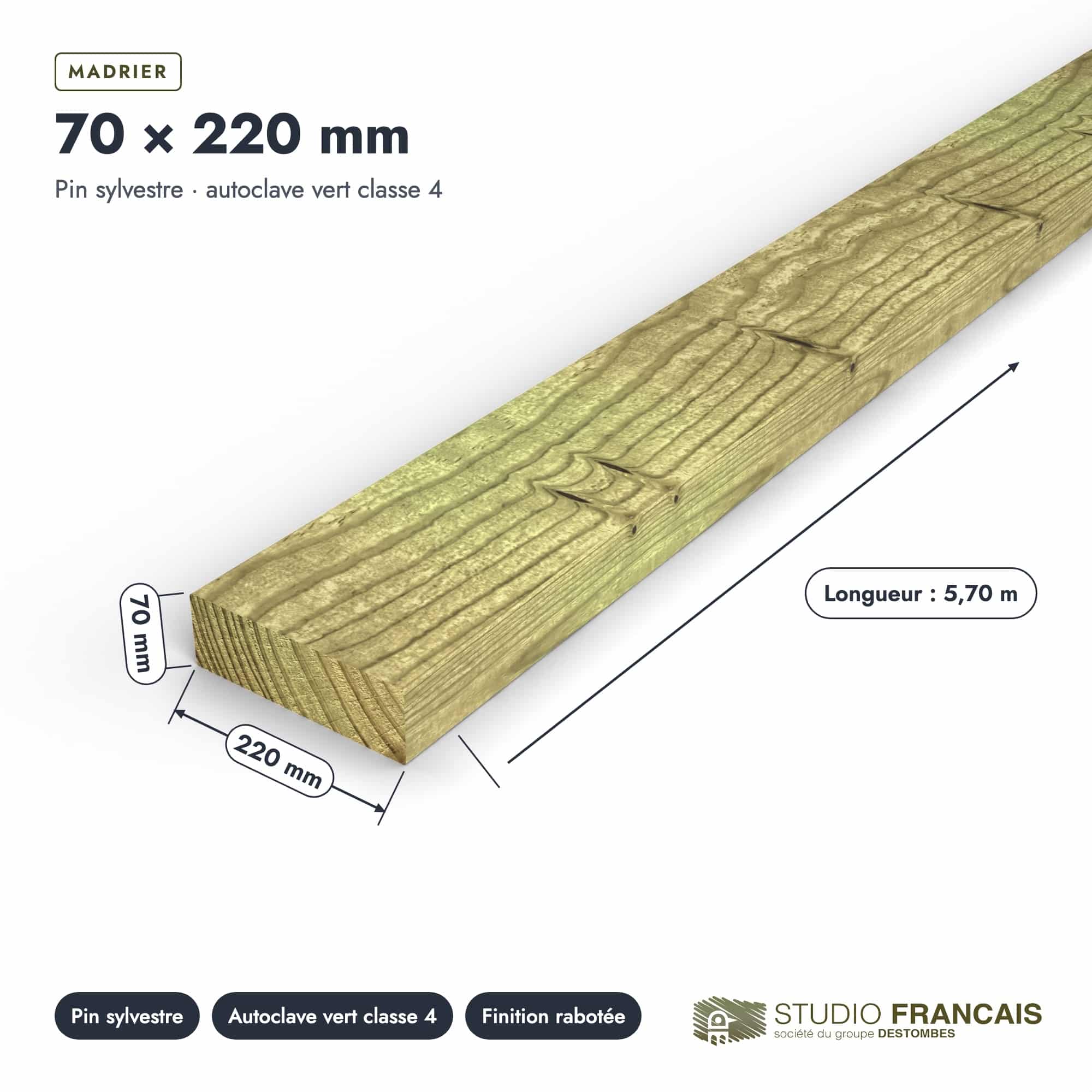 Madrier en pin sylvestre traité autoclave vert classe 4 – Section 70x220 mm, pièce cotée, Studio Français