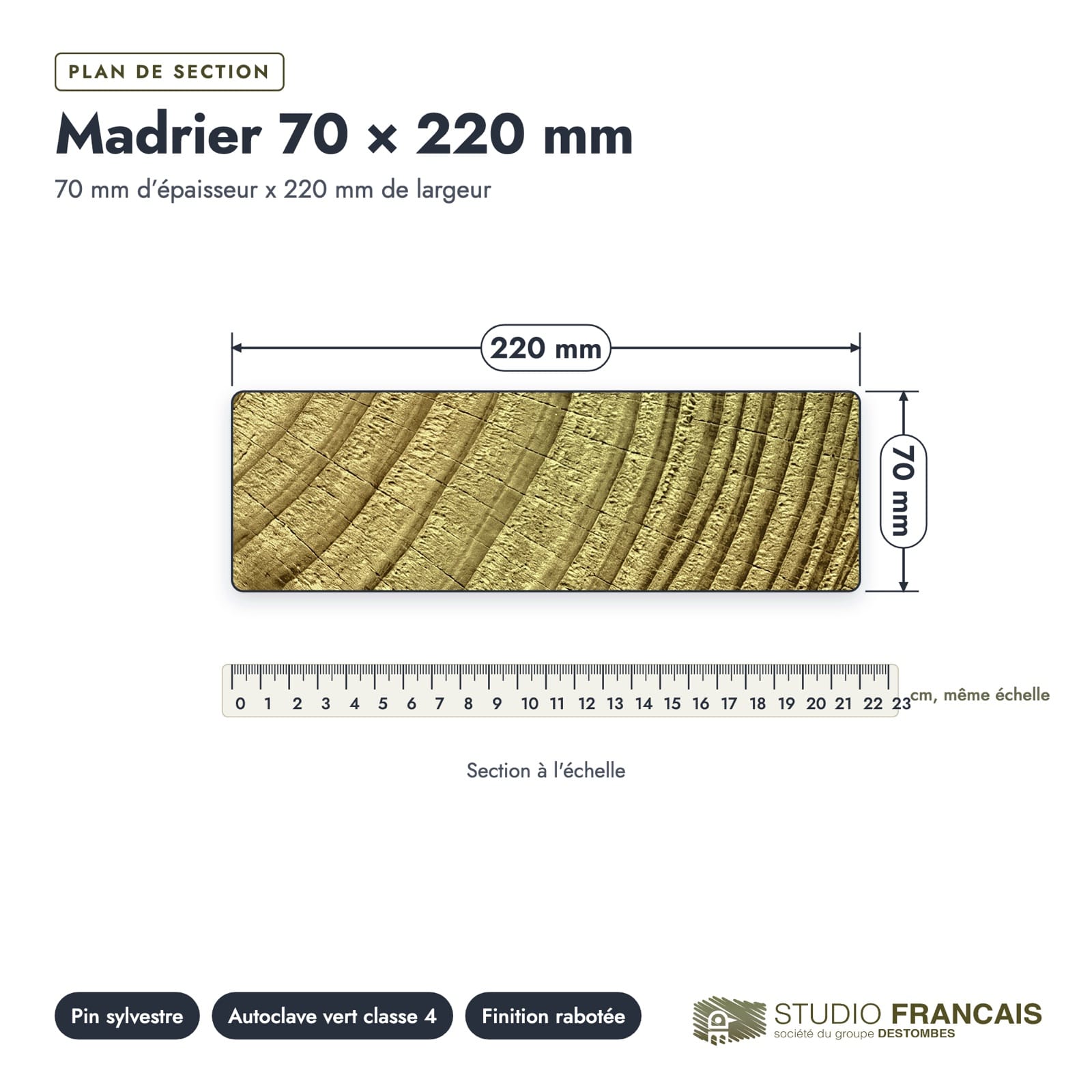 Plan de section coté, sur le vrai bois de bout