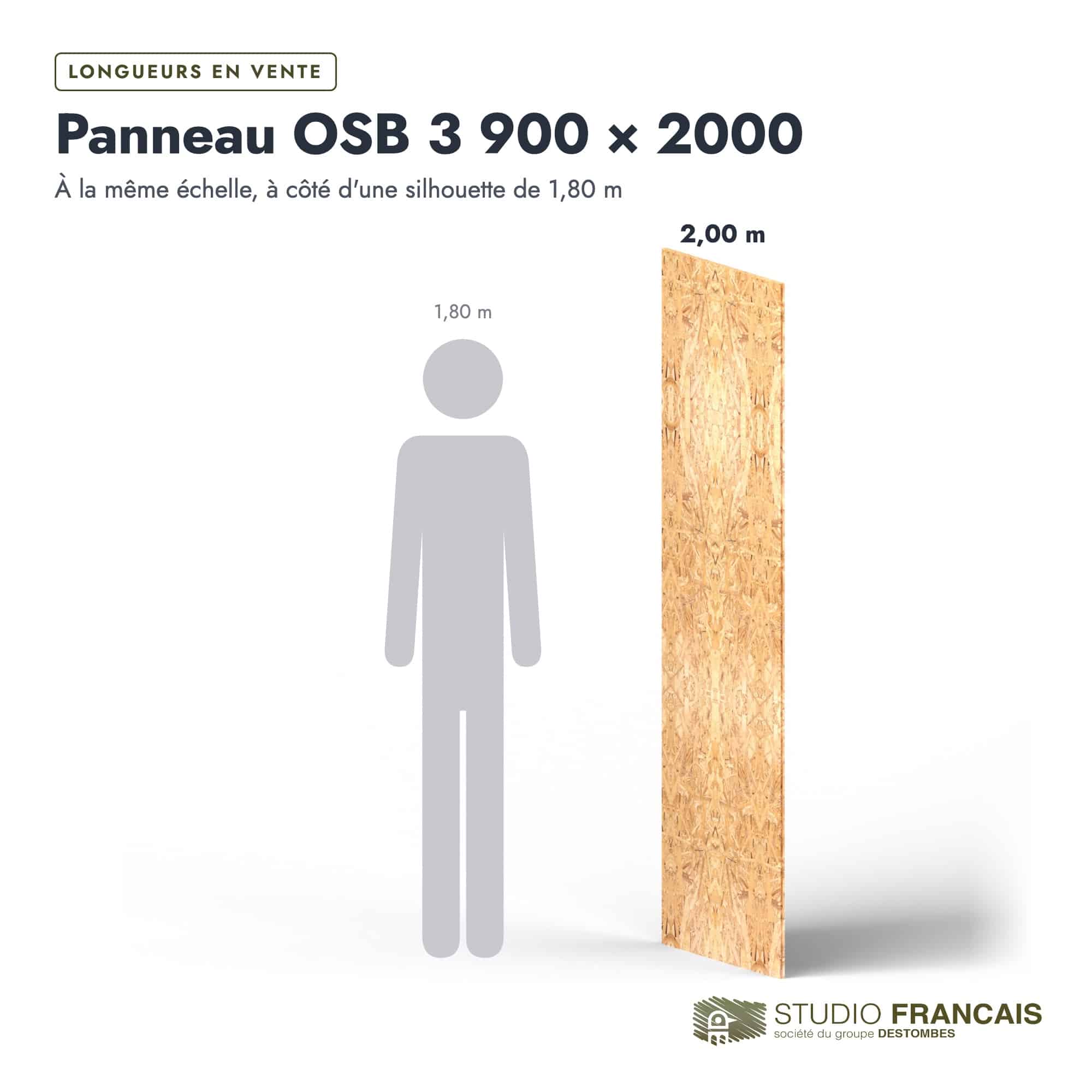Panneau OSB 3 rainuré-languette – Dimensions 900x2000 mm – Épaisseur 18 mm, longueurs, Studio Français
