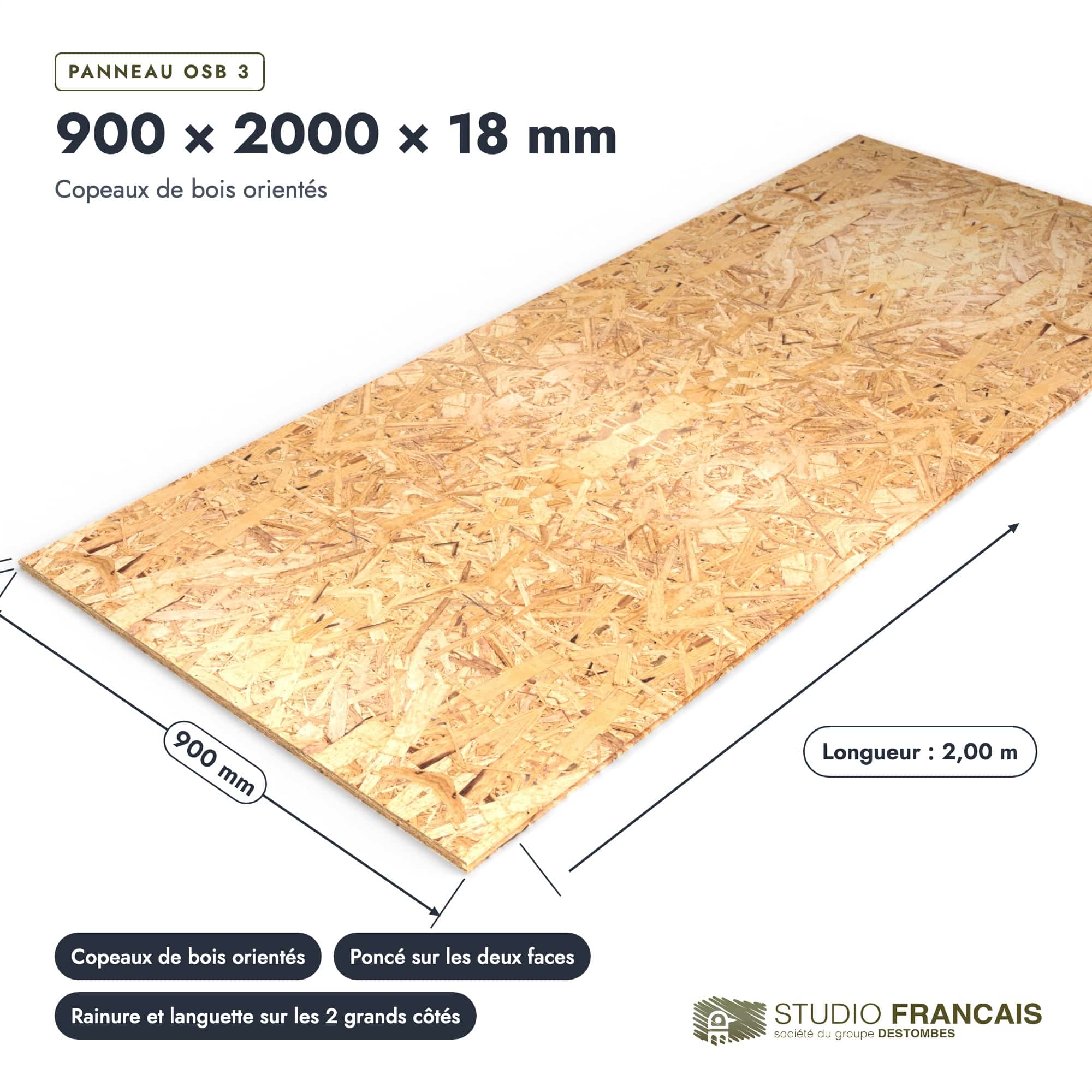 Panneau OSB 3 rainuré-languette – Dimensions 900x2000 mm – Épaisseur 18 mm, pièce cotée, Studio Français