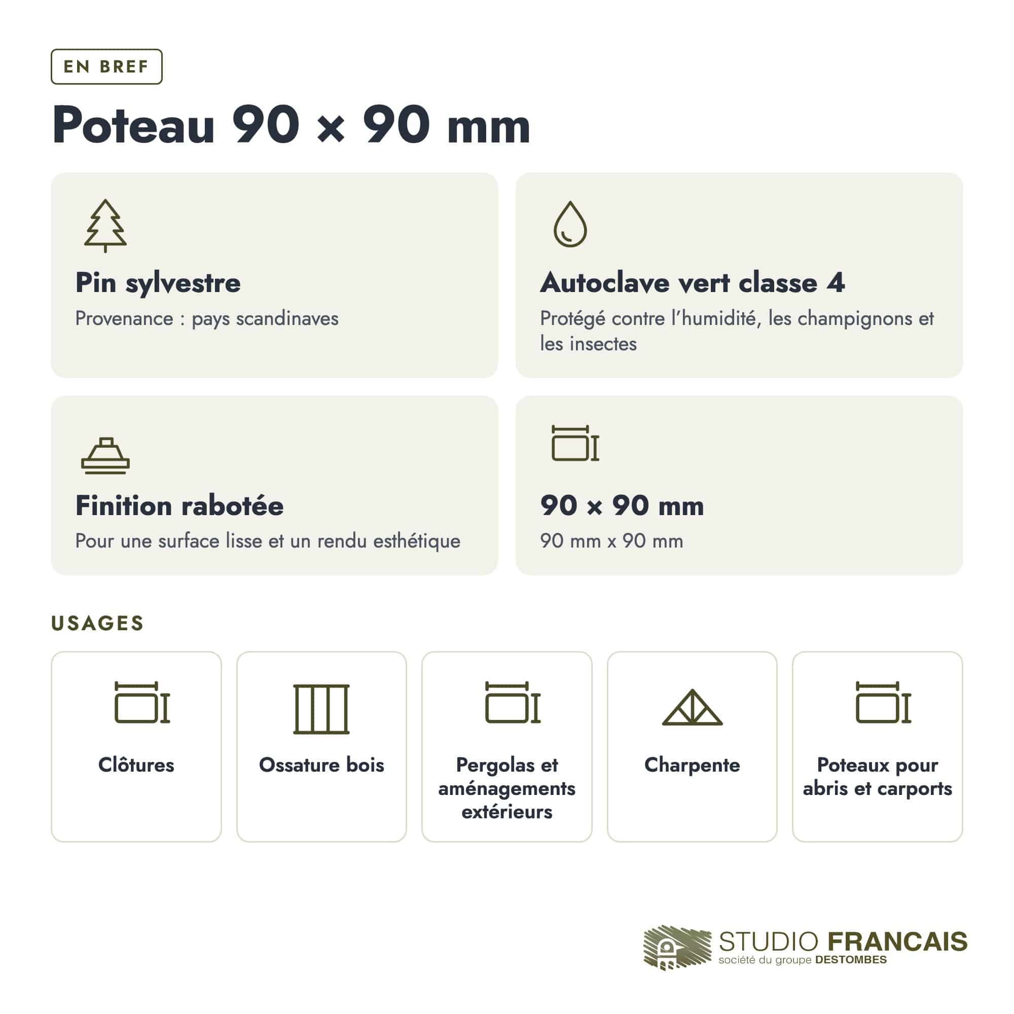 Poteau en pin sylvestre traité autoclave vert classe 4 – Section 90x90 mm, en bref, Studio Français