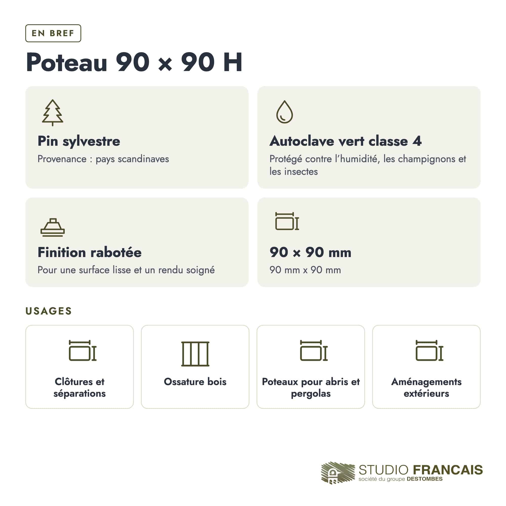 Poteau en pin sylvestre profil H traité autoclave vert classe 4 – Section 90x90 mm H, en bref, Studio Français
