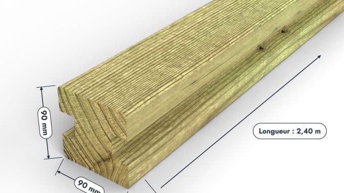 Poteau en pin sylvestre profil H traité autoclave vert classe 4 – Section 90x90 mm H, pièce cotée, Studio Français