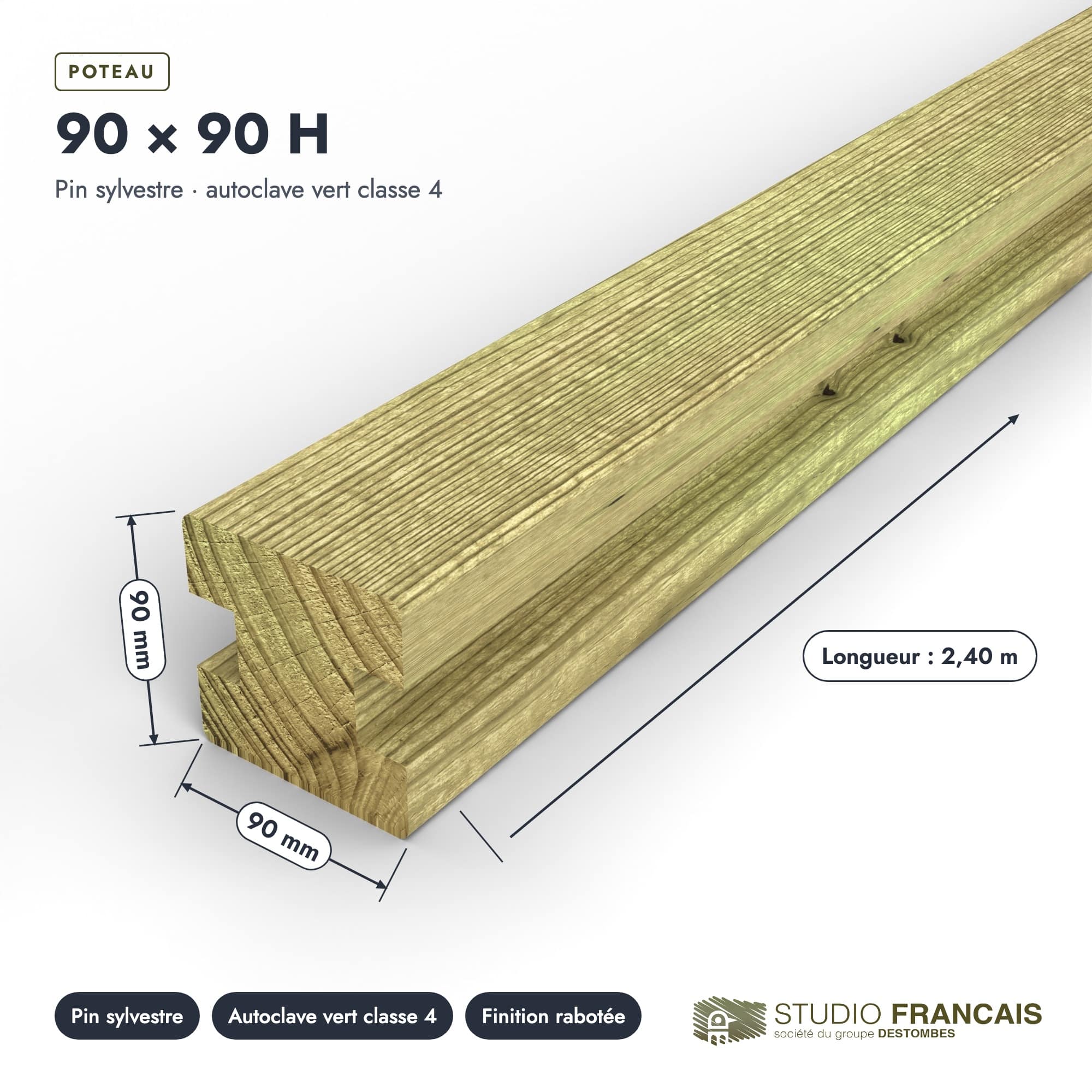 Poteau en pin sylvestre profil H traité autoclave vert classe 4 – Section 90x90 mm H, pièce cotée, Studio Français