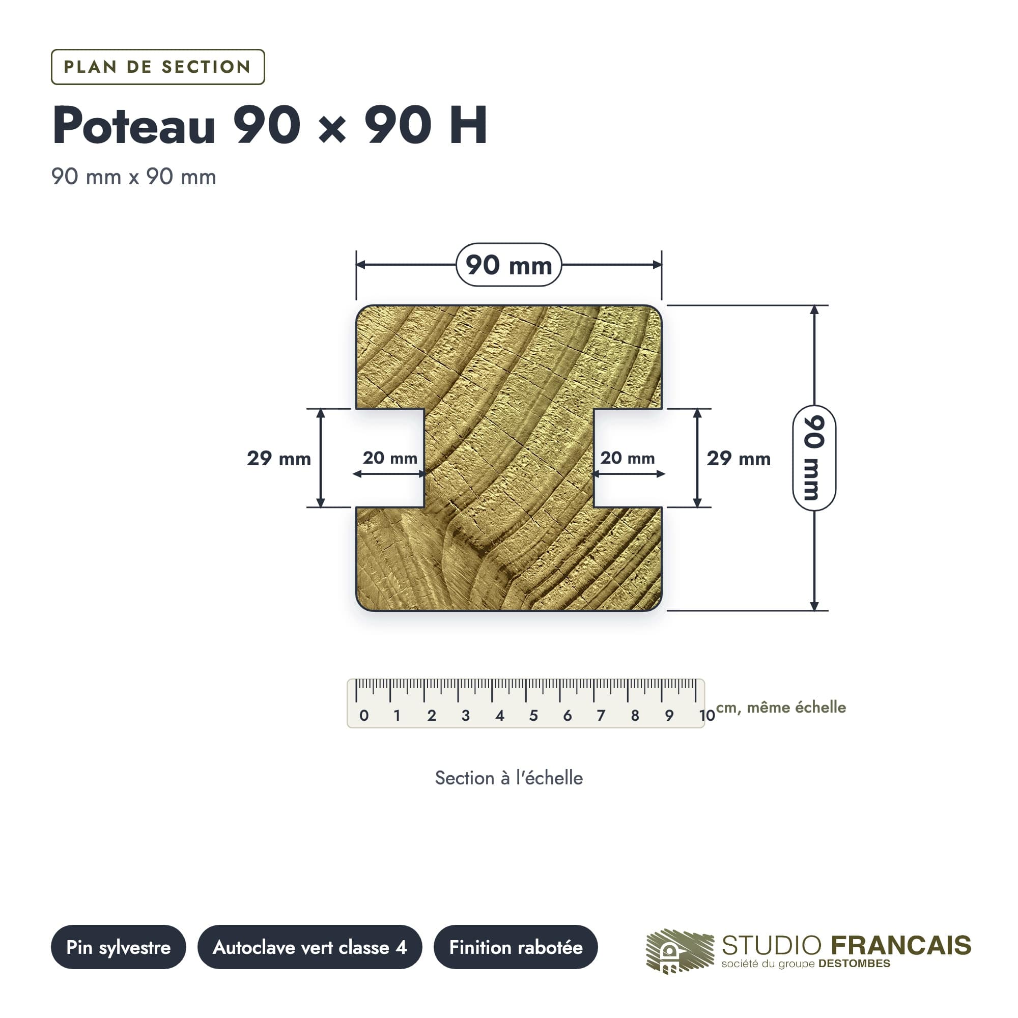 Poteau en pin sylvestre profil H traité autoclave vert classe 4 – Section 90x90 mm H, plan de section, Studio Français