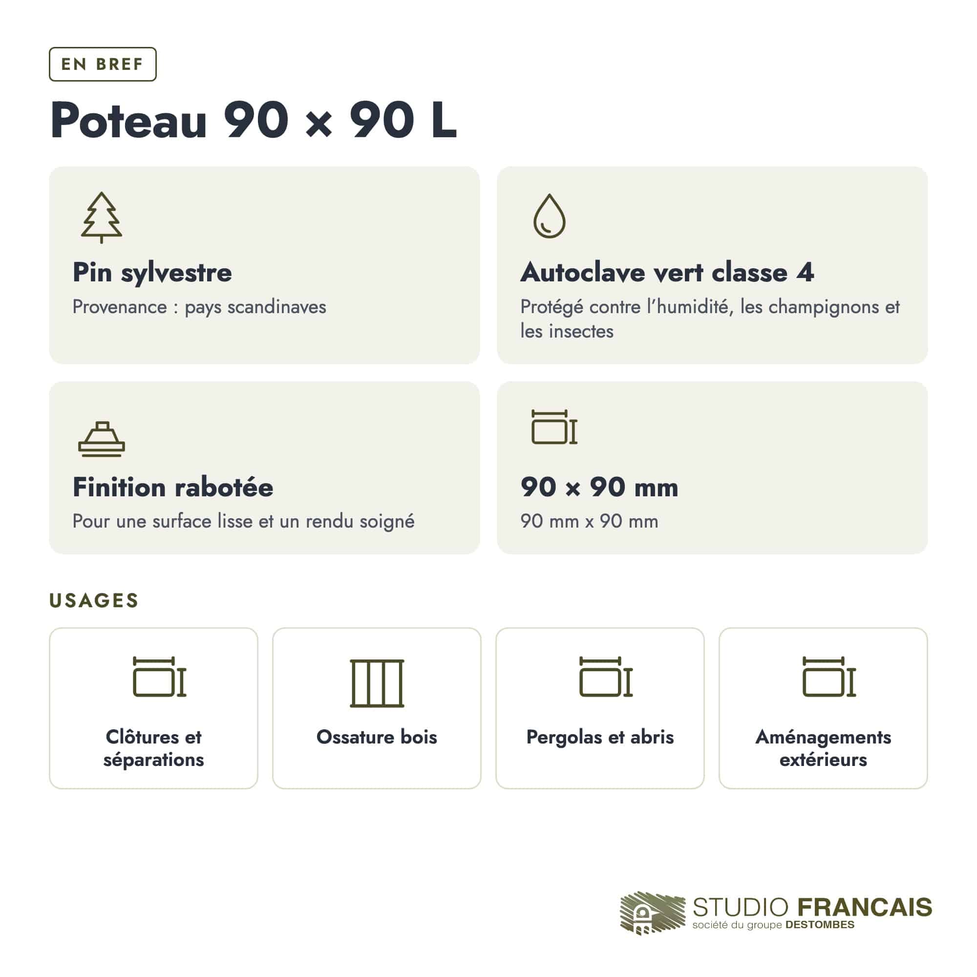Poteau en pin sylvestre profil L traité autoclave vert classe 4 – Section 90x90 mm L, en bref, Studio Français