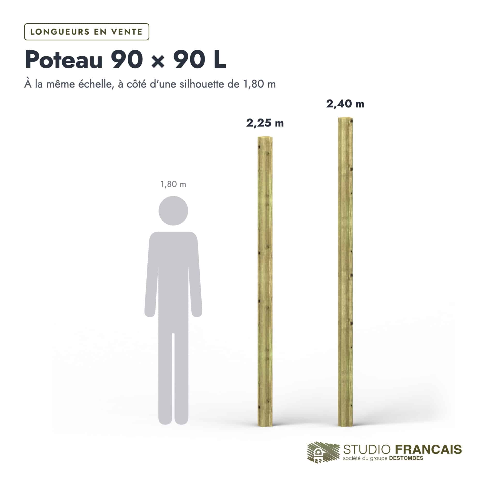 Poteau en pin sylvestre profil L traité autoclave vert classe 4 – Section 90x90 mm L, longueurs, Studio Français