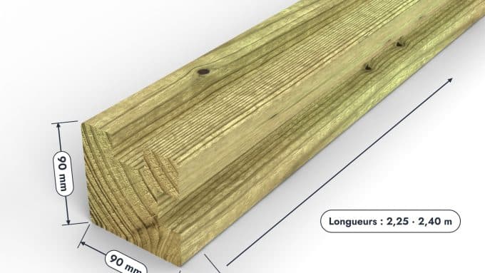 Poteau en pin sylvestre profil L traité autoclave vert classe 4 – Section 90x90 mm L, pièce cotée, Studio Français