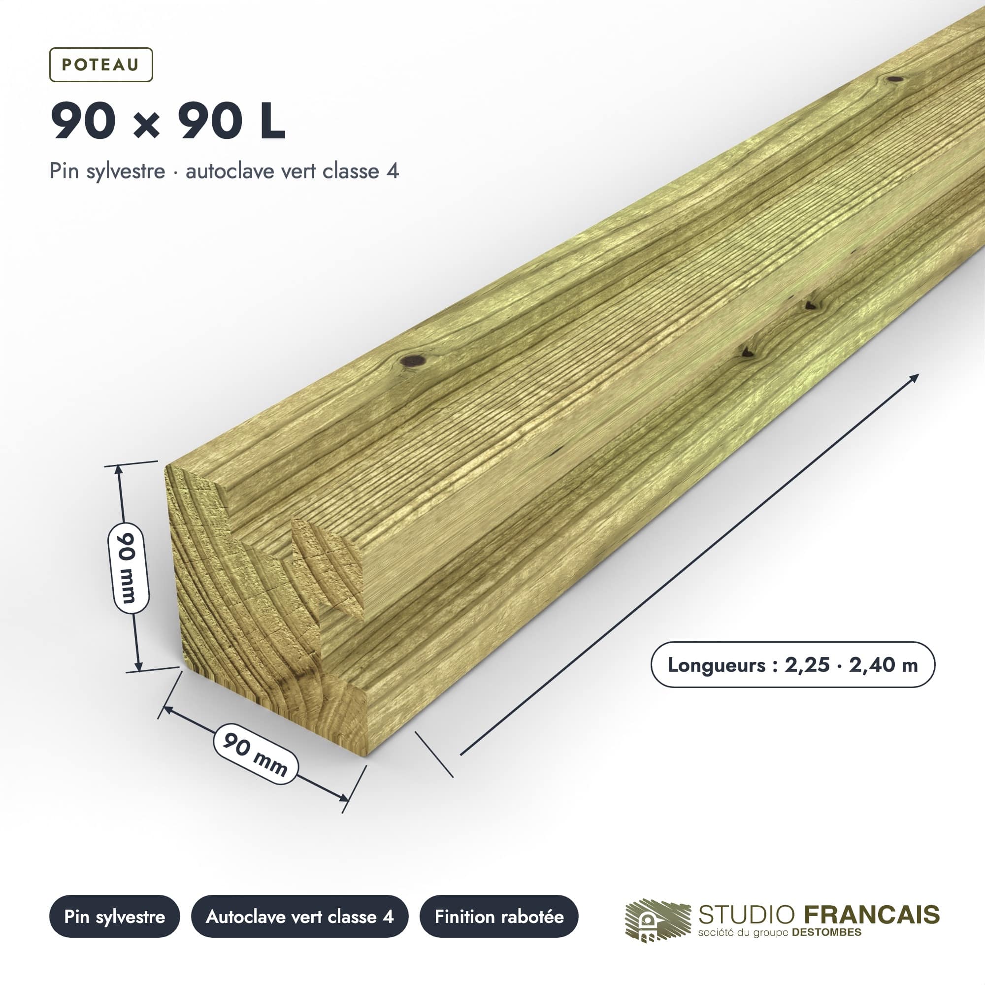 Poteau en pin sylvestre profil L traité autoclave vert classe 4 – Section 90x90 mm L, pièce cotée, Studio Français