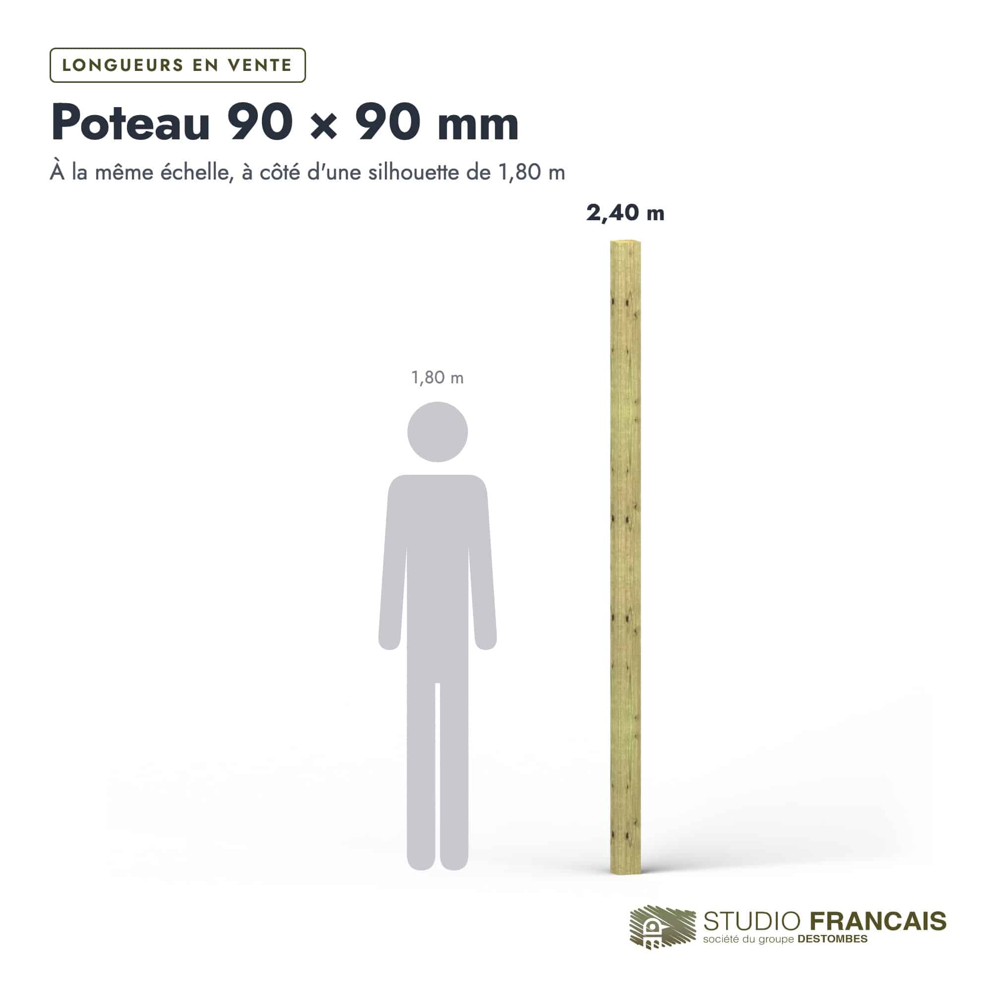 Poteau en pin sylvestre traité autoclave vert classe 4 – Section 90x90 mm, longueurs, Studio Français