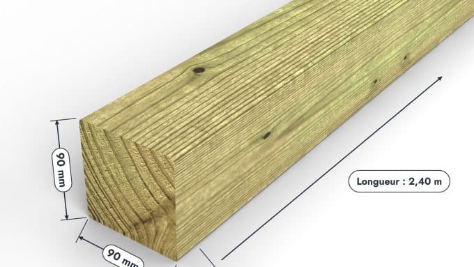 Poteau en pin sylvestre traité autoclave vert classe 4 – Section 90x90 mm, pièce cotée, Studio Français