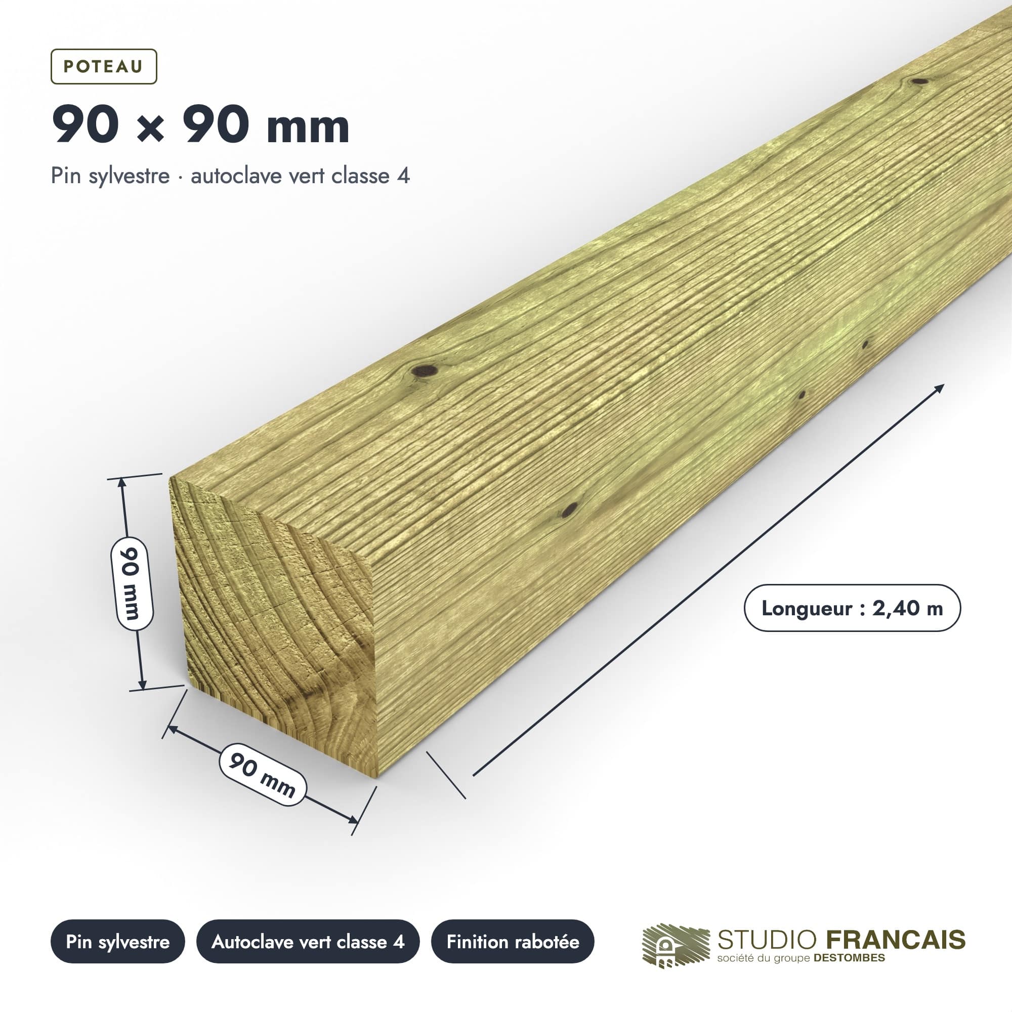 Poteau en pin sylvestre traité autoclave vert classe 4 – Section 90x90 mm, pièce cotée, Studio Français