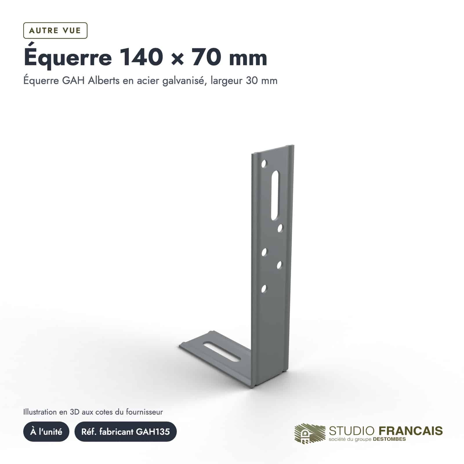 Équerre de fixation galvanisée 140 x 70 x 30 mm, acier de 1,5 mm : boite ou ensemble