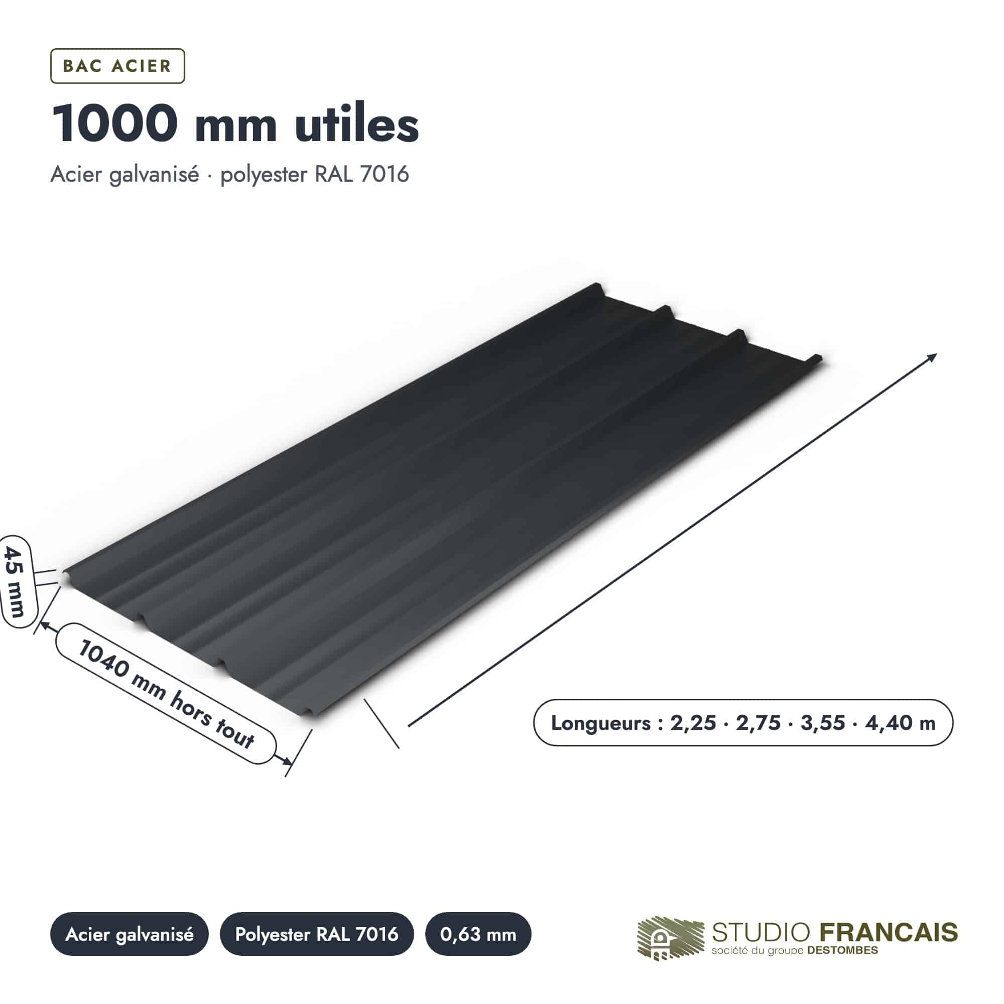 Bac acier gris anthracite RAL 7016 – Épaisseur 63/100 – 5 Ondulations, pièce cotée, Studio Français