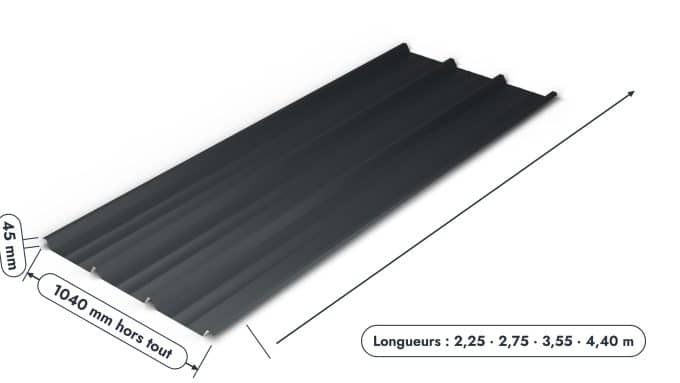 Bac acier gris anthracite RAL 7016 – Épaisseur 63/100 – 5 Ondulations, pièce cotée, Studio Français