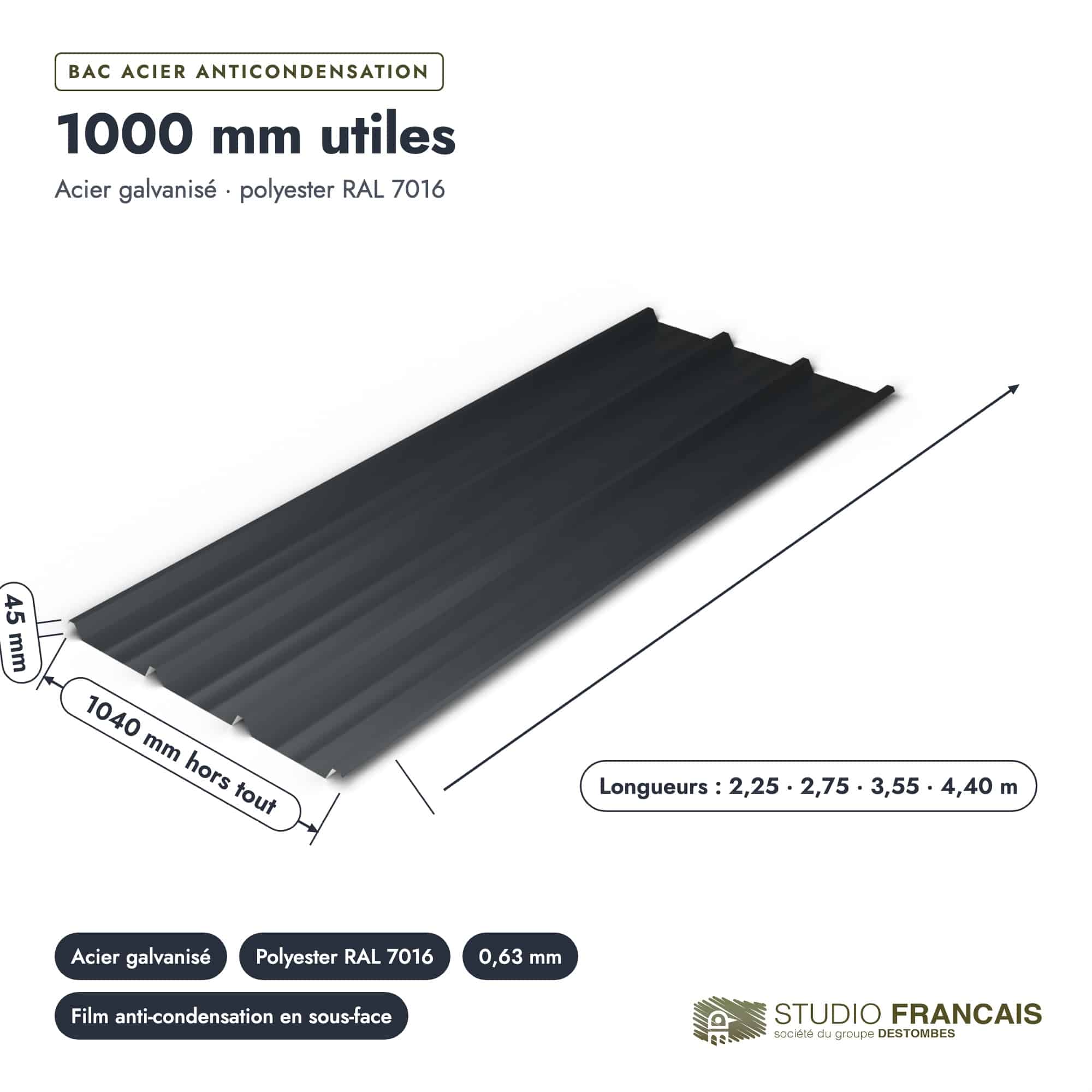 Bac acier gris anthracite RAL 7016 – Épaisseur 63/100 – 5 Ondulations, pièce cotée, Studio Français