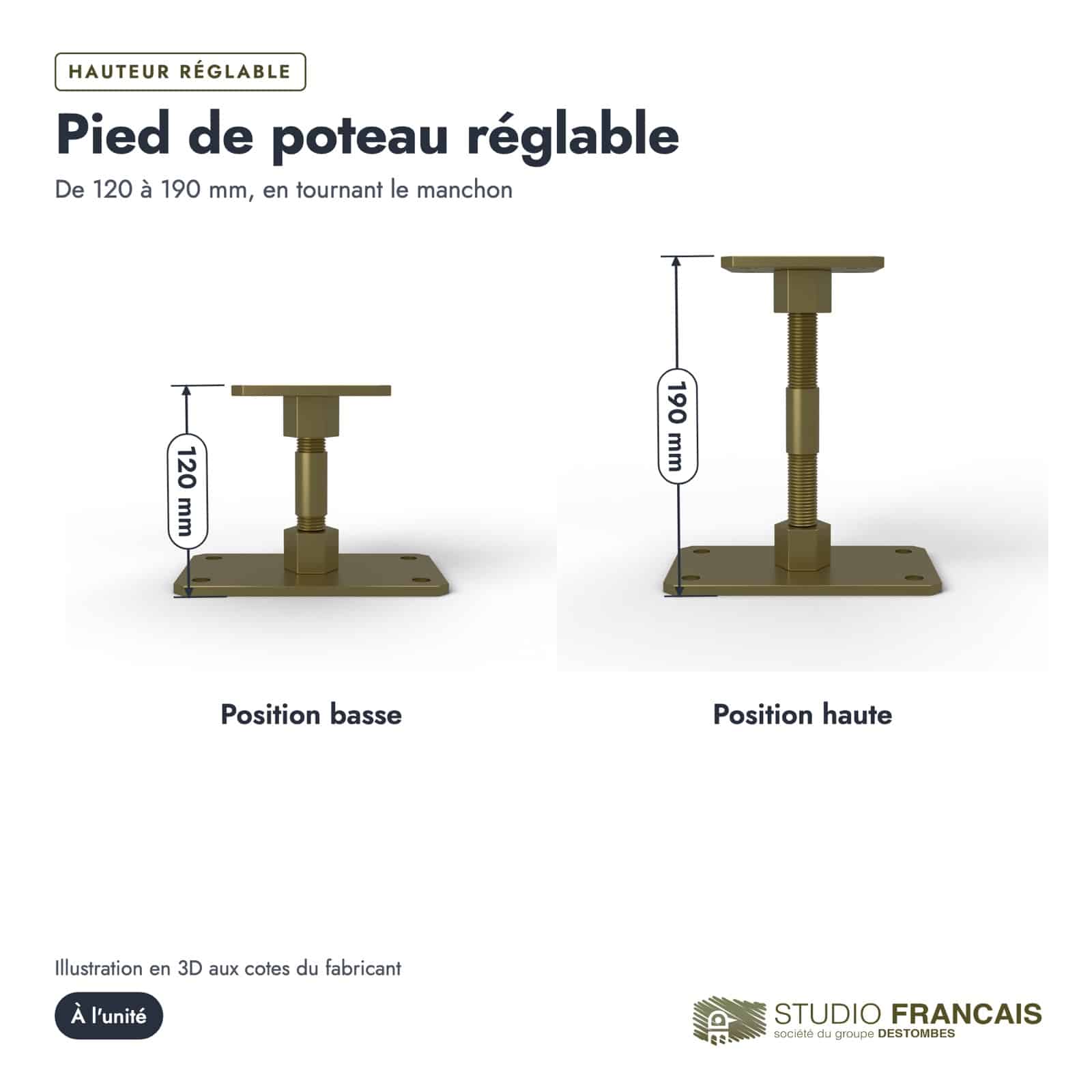 Pied de poteau réglable Brekar, platine 90 x 160 mm, poteau 90x90 : boite ou ensemble