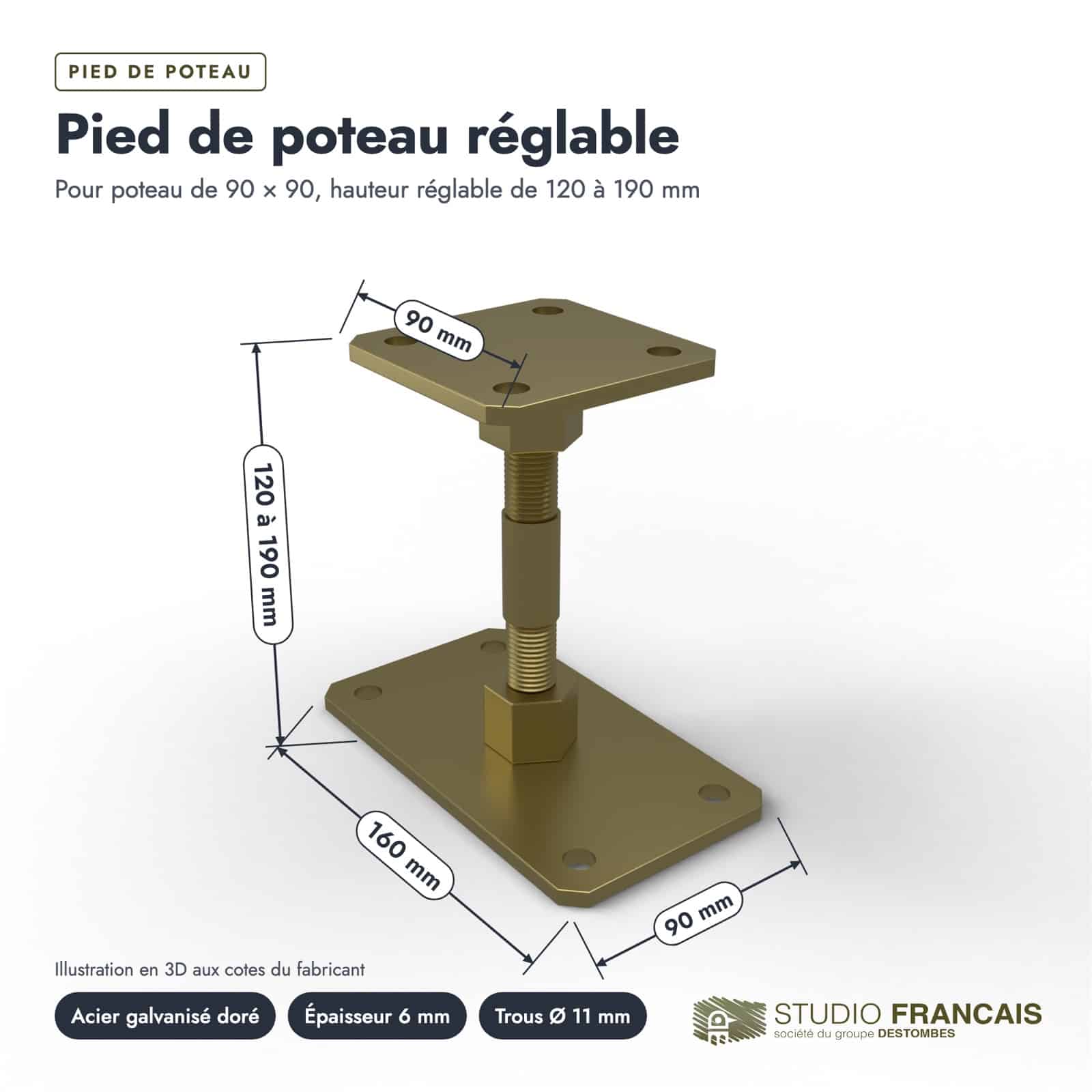 Pied de poteau réglable Brekar, platine 90 x 160 mm, poteau 90x90 : piece cotee