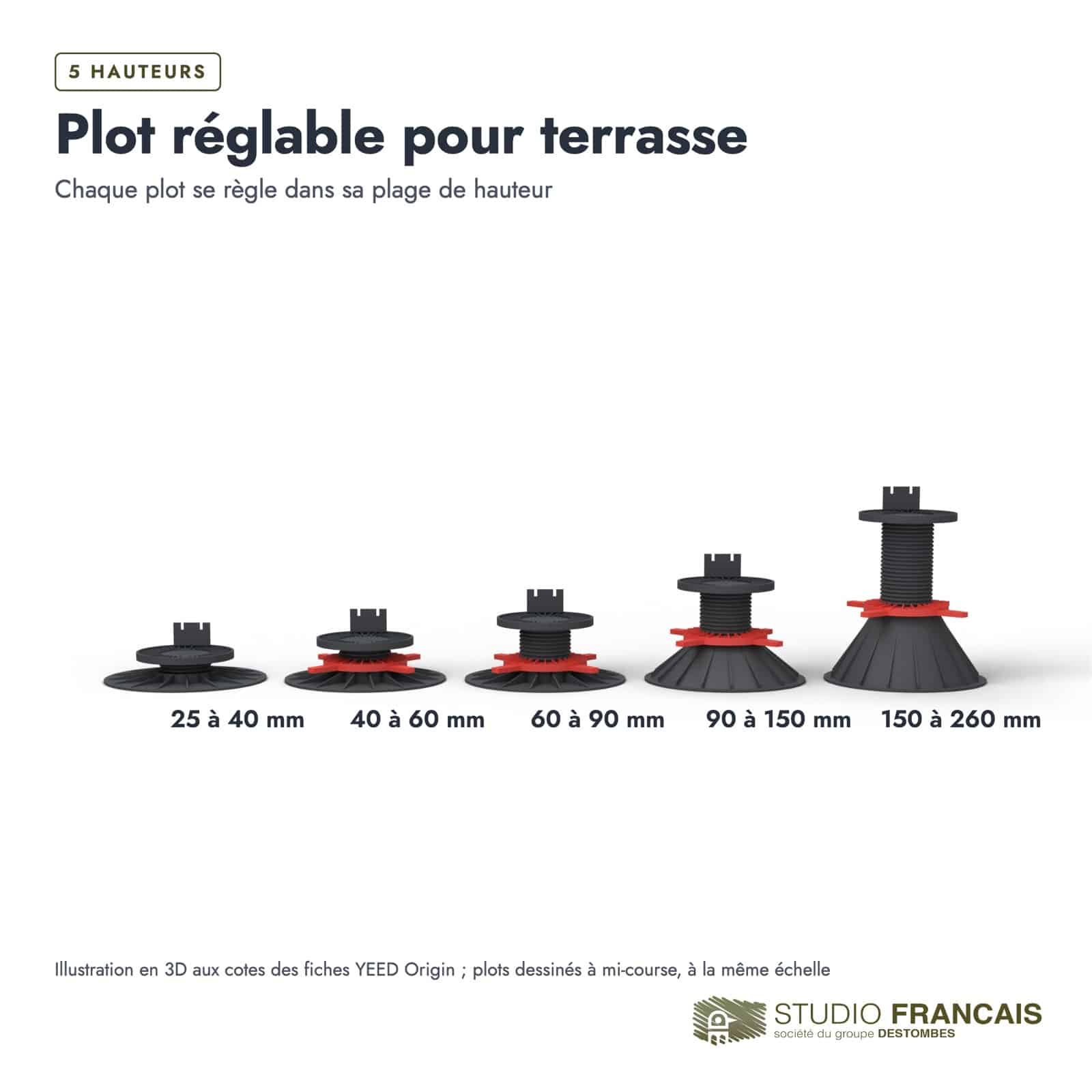 Plot réglable terrasse YEED, de 25 à 260 mm, vendu à l’unité : boite ou ensemble