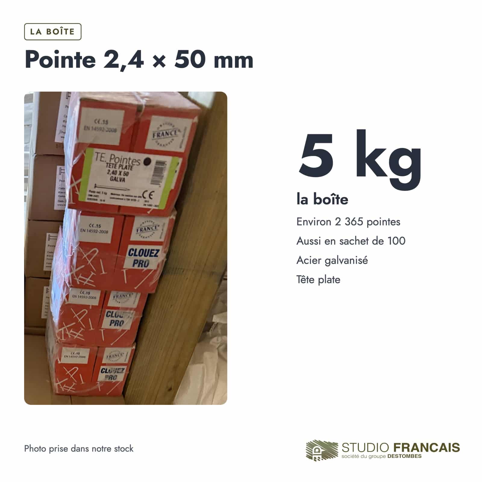 Pointes tête plate galva 2,4x50 mm, carton de 5 kg ou sachet de 100 : boite ou ensemble