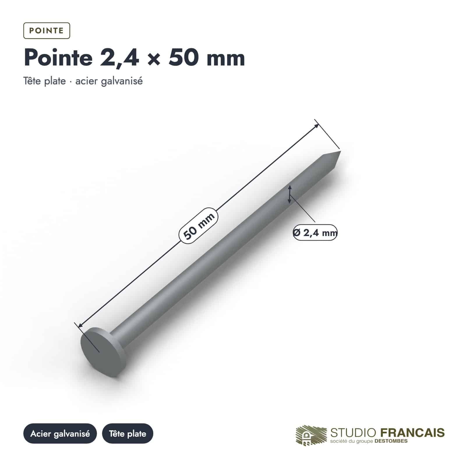 Pointes tête plate galva 2,4x50 mm, carton de 5 kg ou sachet de 100 : piece cotee