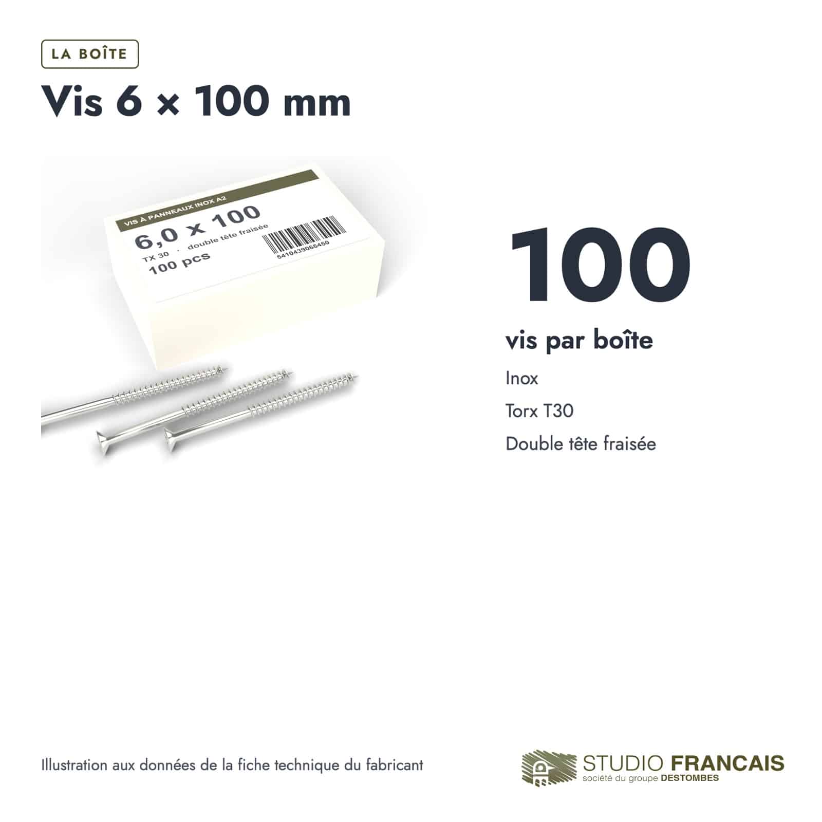 Vis inox 6x100 pour ossature bois, T30, boîte de 100 : boite ou ensemble